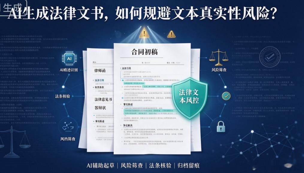 AI 生成法律文书，律所与法务如何规避文本真实性风险

现在很多律师、企业法务习惯借助 AI 快速起草合同模板、律师函、法律意见书、答辩材料。AI 可以大幅缩减文书初稿撰写时间，但法律文书具备极强法律效力，一旦文本由 AI 生成带来事实错误、逻辑漏洞、表述偏差，会直接造成案件败诉、合同纠纷、企业 ​