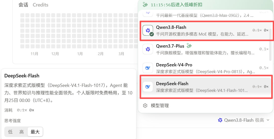 防止大家不知道，现在Qoder上Qwen3.8-Flash和DeepSeek-v4.1-Flash-1017 现在免费使用，DeepSeek-v4.1-Flash-1017 免费到10月25日，有需要的可以去蹬了。 ​