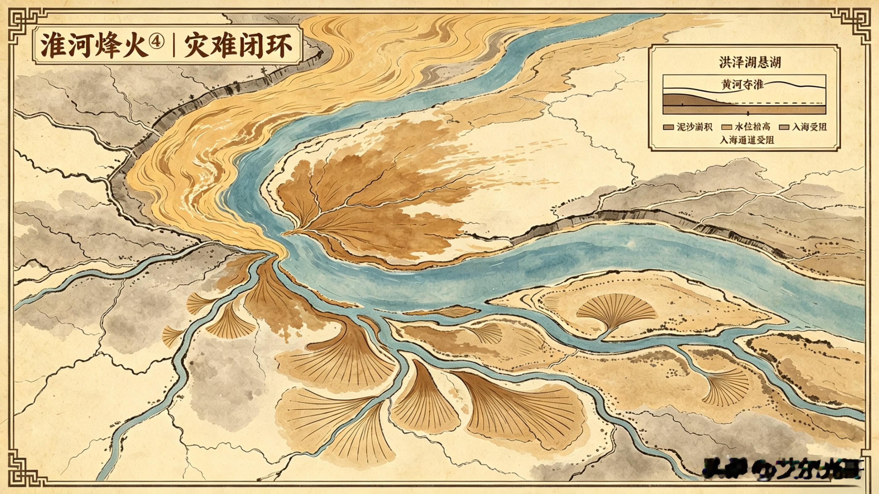 淮河烽火｜第④期】灾难闭环：千年黄淮，如何困在灾荒轮回？

读懂黄河夺淮，才能看懂这片土地千年解不开的死循环。
水灾从来不是一次性灾难，一旦爆发，连锁灾难会层层传导。
 
洪水漫过平原，良田被泥沙掩埋，庄稼绝收。存粮耗尽，粮价飞涨，饥荒迅速蔓延。百姓啃食草根树皮，依旧难以活命，只能抛弃家园，成为四处