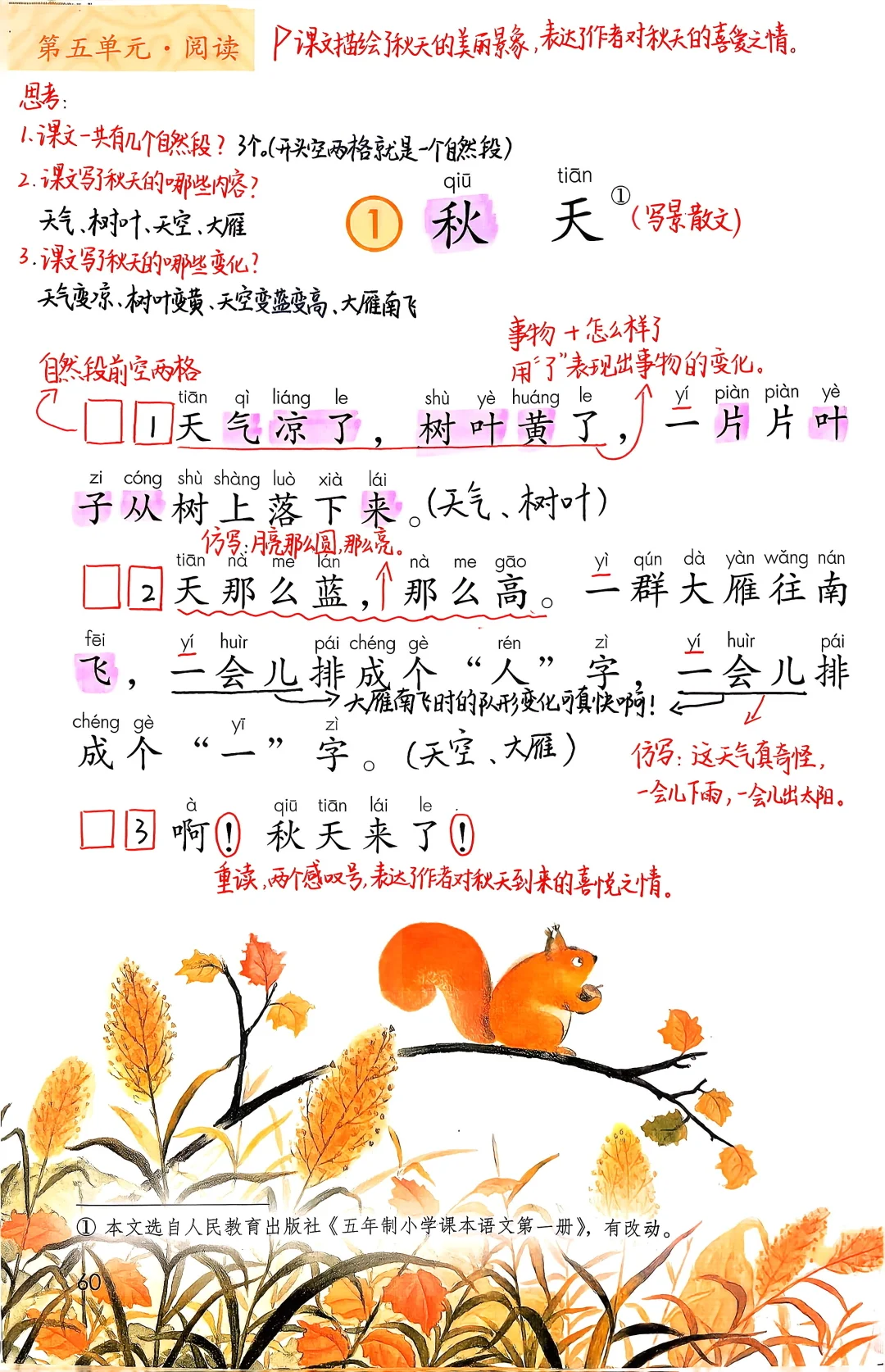 一年级上册语文｜1.《秋天》课堂笔记 课外延展