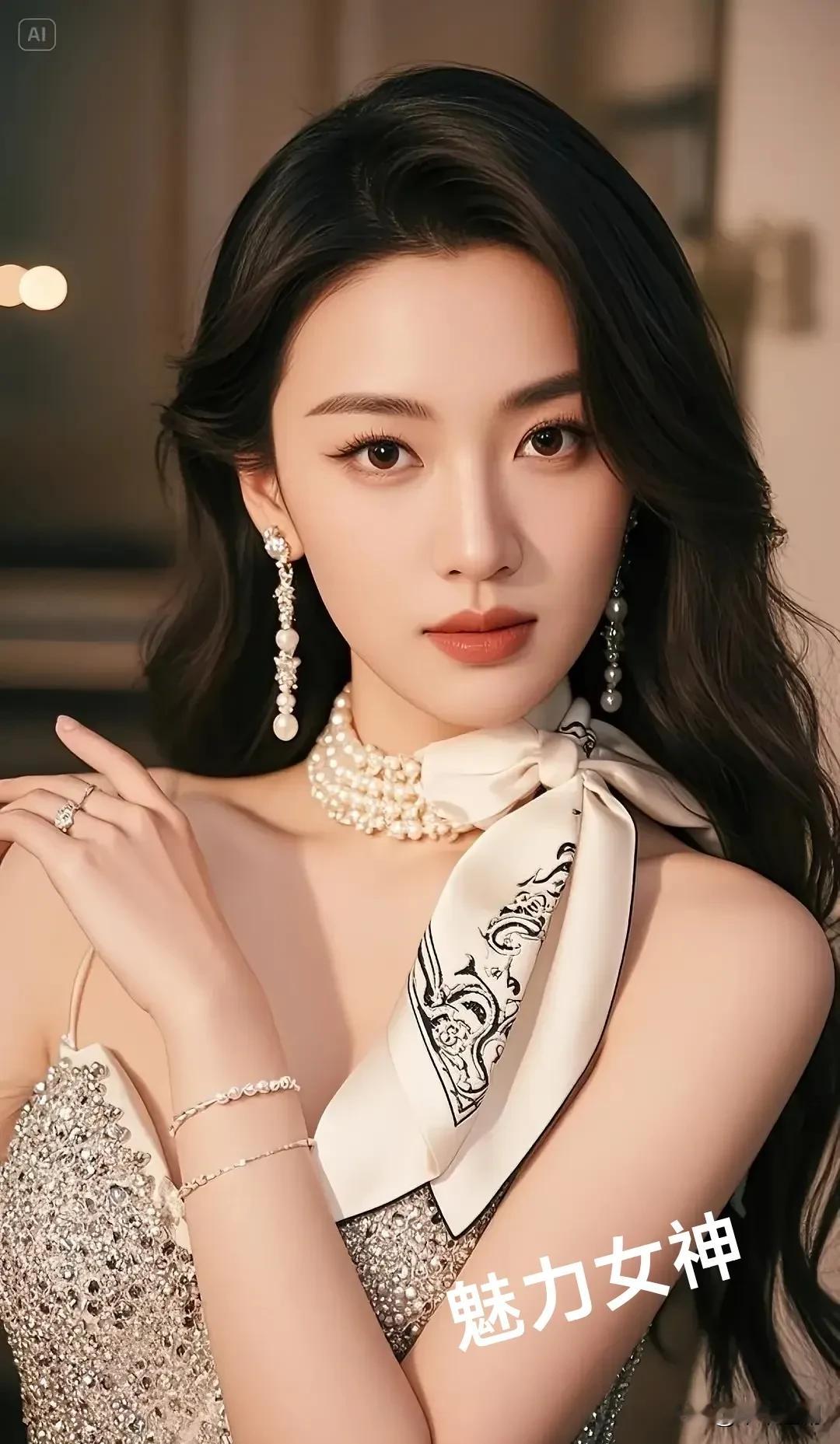 一袭闪钻礼服，搭配珍珠配饰与丝质丝巾，她长发卷曲，举手投足间尽显优雅...
