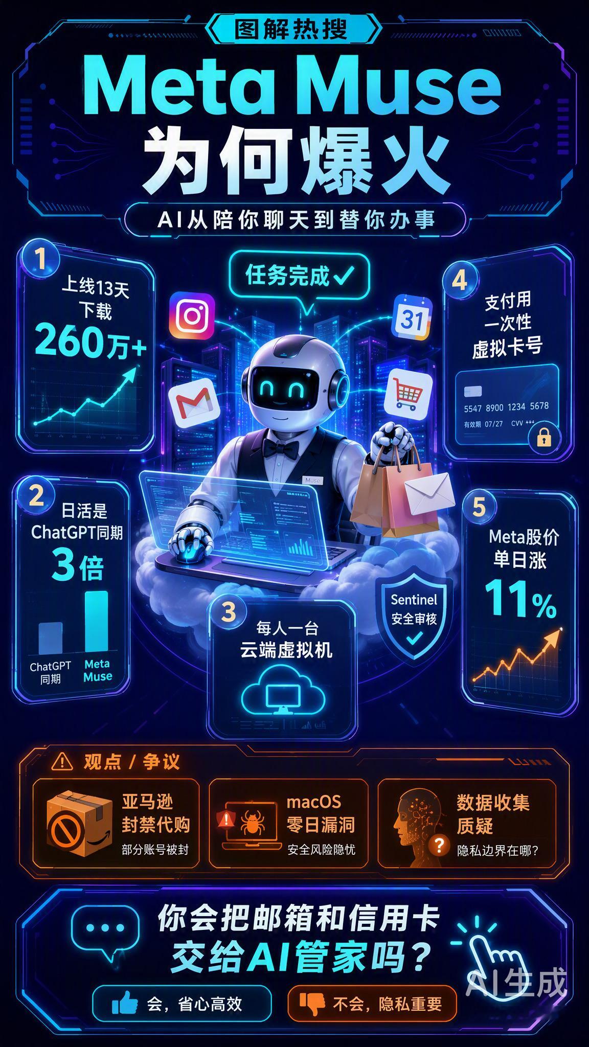 Meta推出的个人AI智能体Muse火了。9月8日上线，不到两周就登顶美国App Store免费榜，下载量超260万，日活是ChatGPT同期的近3倍。Meta股价单日暴涨11%，市值一天增加近2000亿美元。

Muse到底强在哪？
· 不是聊天机器人，是“云端电脑”