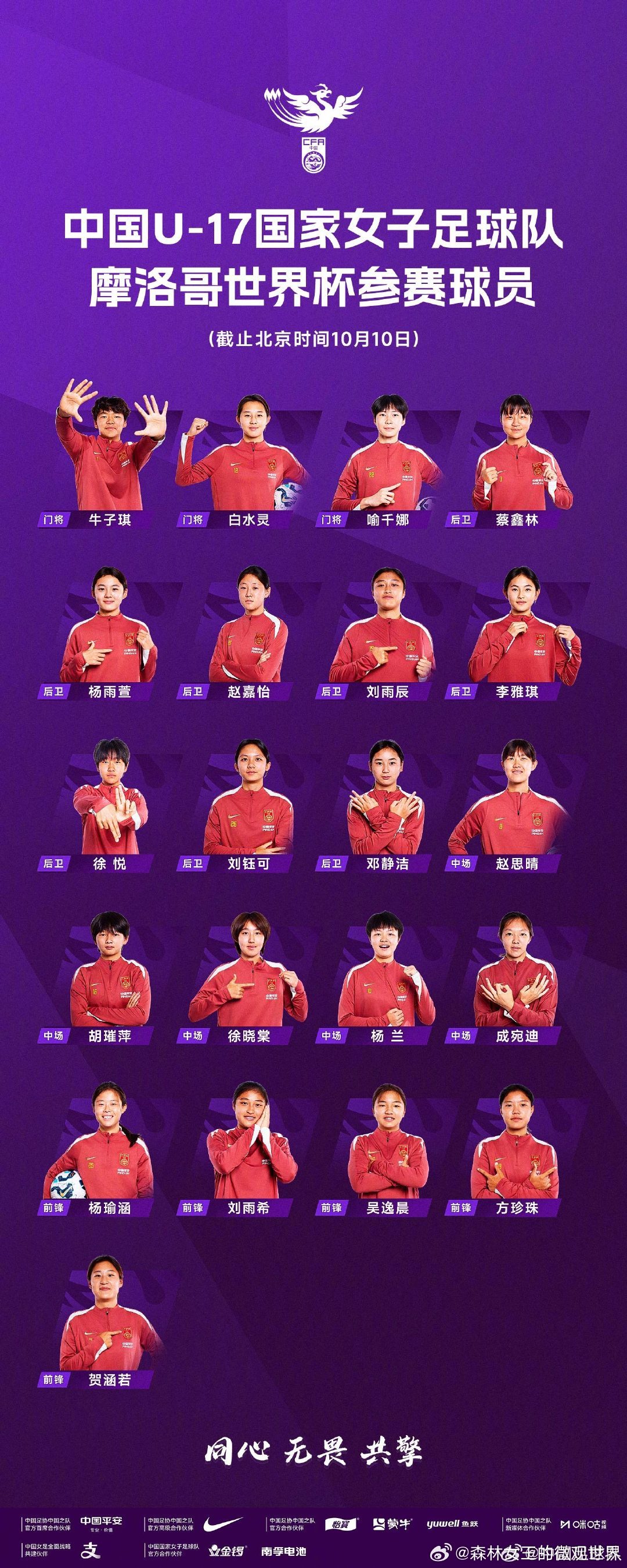#中国U17女足#10月19日晚10点将迎来世界杯小组赛首战，对手是非洲劲旅肯尼亚。中国队与卫冕冠军美国、肯尼亚、萨摩亚同处E组。这是中国U系列女足，又一次重大的考验。 ​