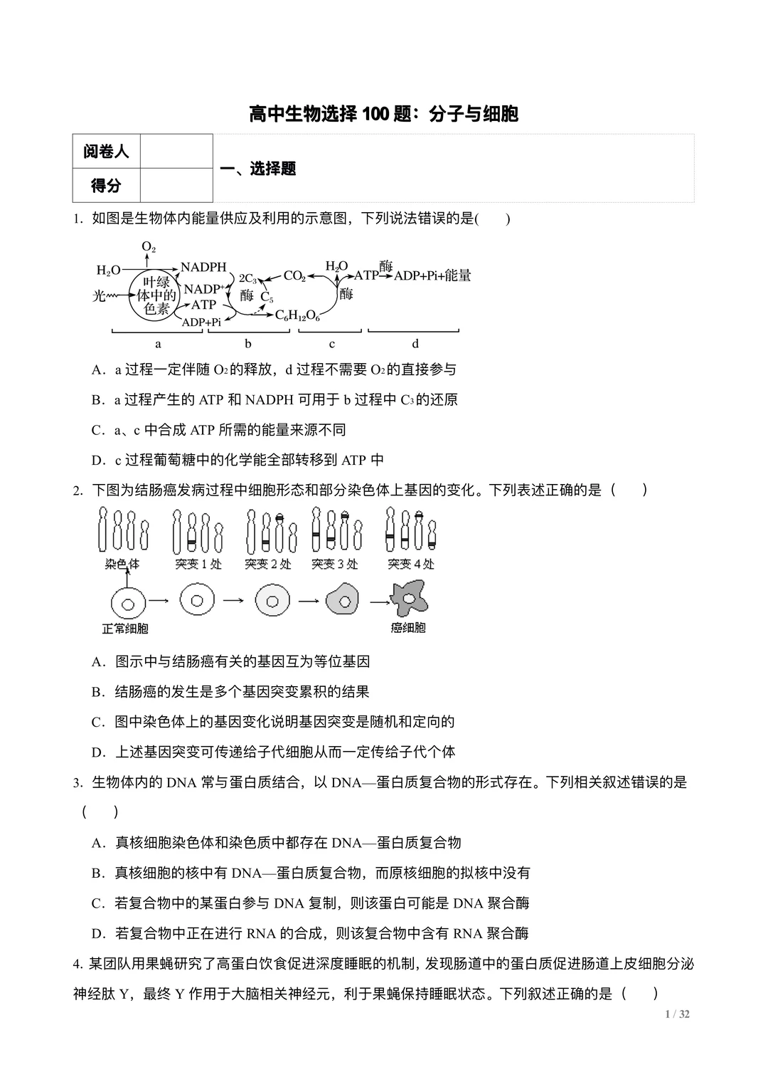 高考生物选择专练100题：分子与细胞