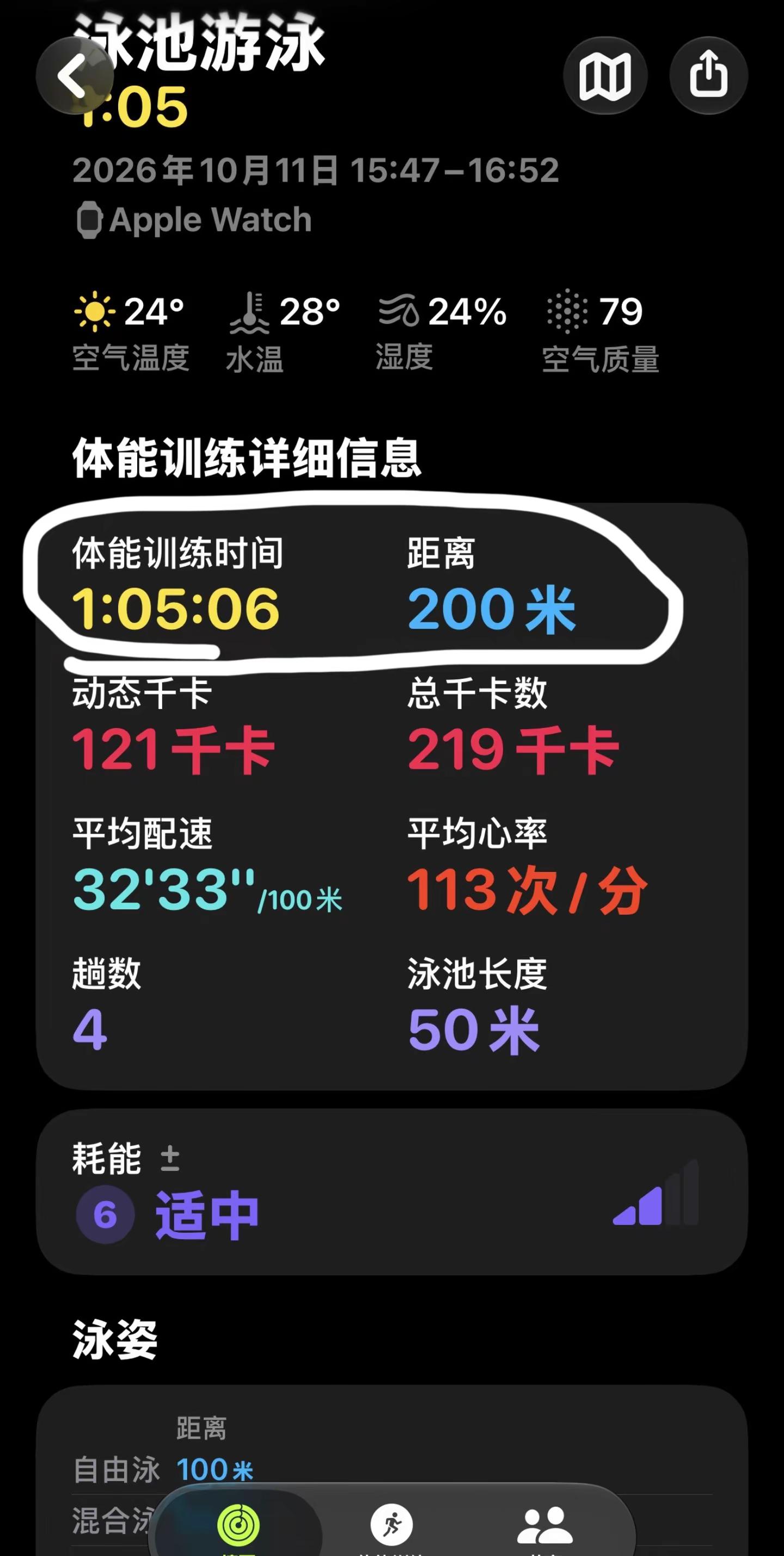 我的佛系 Apple  watch.这手表，记录我一个小时游了 200 米，这就是虫虫爬 200 米也用不了那么长时间吧😓游泳加速计划
