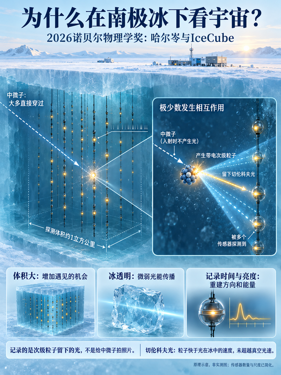 为什么在南极冰下看宇宙？
10月6日，2026年诺贝尔物理学奖授予弗朗西斯·哈尔岑，表彰他对IceCube及天体物理来源高能中微子发现的贡献。
为什么观测宇宙的设备会埋在南极冰下？巨大的透明冰体既提供相互作用的机会，也让微弱光传播。传感器记录的是中微子极少数相互作用产生的带电次级粒子留下的切伦科夫光