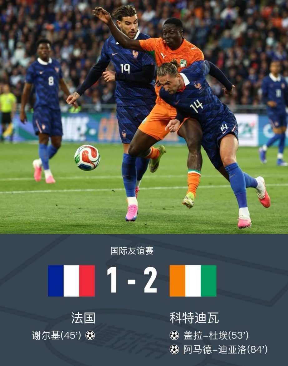 世界杯冠军大热法国队热身赛1-2不敌科特迪瓦，时隔16年再次在大赛前热...