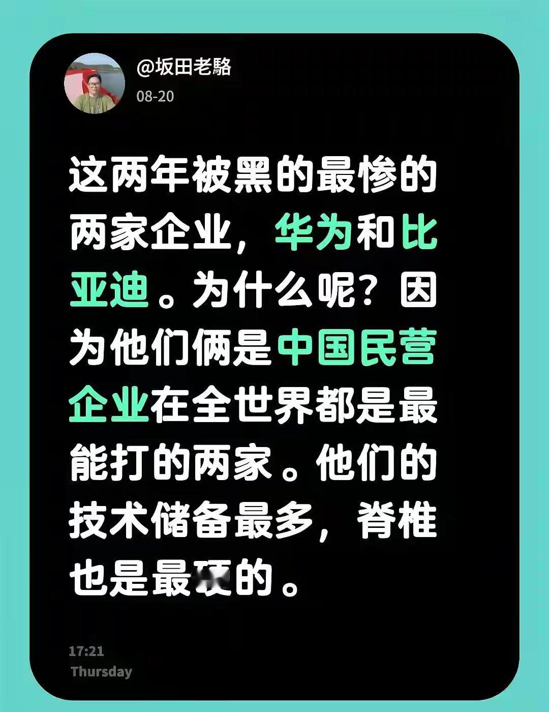 这两年被黑的最惨的两家企业，华为和比亚迪。为什么呢？因为他们俩是中国民营企业在全世界都是最能打的两家。他们的技术储备最多，脊椎也是最硬的。 ​