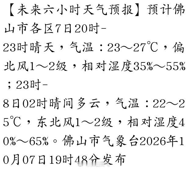 【未来六小时天气预报】预计佛山市各区7日20时-23时晴天，气温：23～27℃，偏北风1～2级，相对湿度35%～55%；23时-8日02时晴间多云，气温：22～25℃，东北风1～2级，相对湿度40%～65%。佛山市气象台2026年10月07… ​