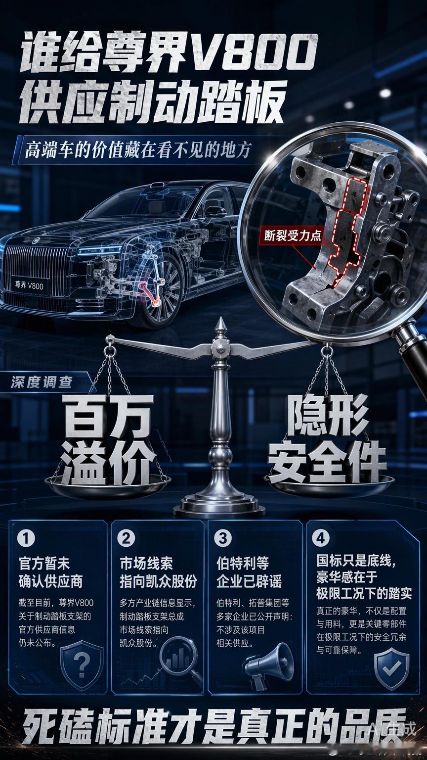 #谁给尊界V800供应制动踏板#
伯特利、拓普已经否认了。会是谁呢？其实，在昨天懂车帝视频全部下架，事情还不清楚的情况下，去抠这些细节暂时没有意义。

但是，这次尊界V800的踏板风波，大家盯着供应商是谁，其实是在看车企在这些不起眼的小零件上到底舍得下多少本。

之前聊江淮汽车跌停时就说过，高 ​