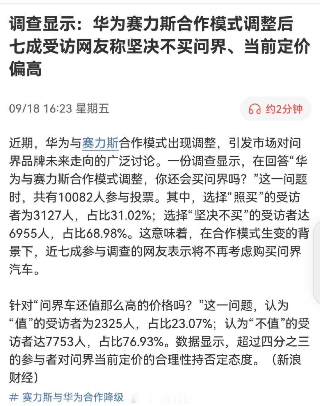 调查显示：华为赛力斯合作模式调整后，七成受访网友称坚决不买问界、当前定价偏高。（新浪财经） ​