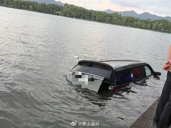 【#一辆新能源车清晨掉进西湖#】今早，有网友在西湖边看到一辆苏E车牌的黑色新能源车冲进了西湖里。从现场图片看，这辆车的大半个车身已经淹没在西湖里，岸边还有很多的围观群众以及民警。
刚刚，记者从西湖景区岳庙管理处回复了解到，8月25日5时16分左右，孤山路32号附近，一机动车因操作不当落入水中 ​
