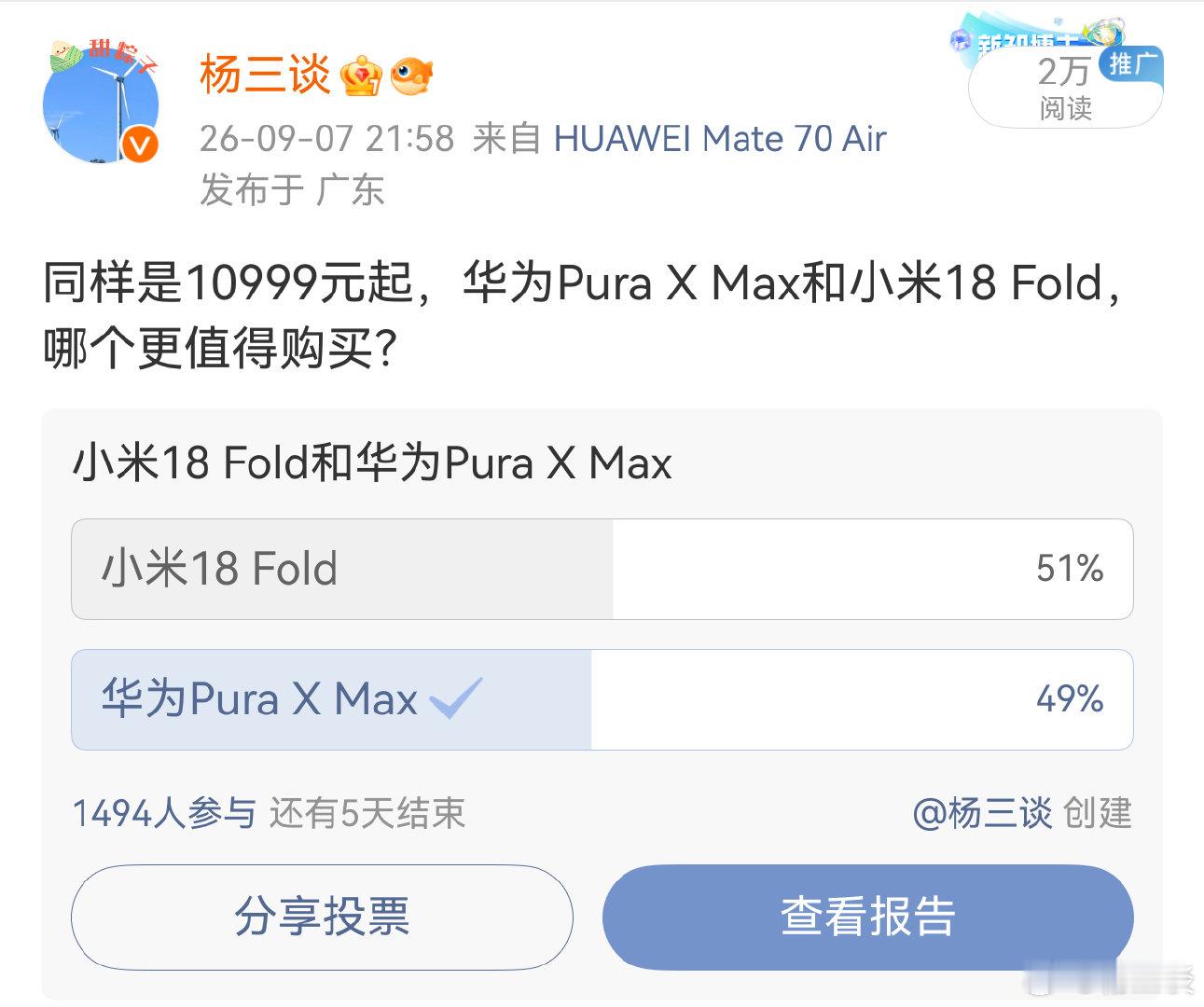 从我之前发起的投票来看，小米18 Fold和华为Pura X Max不相上下。

如果，投票真的反应大家的实际选择的话，那么，小米18 Fold这次可能真的要成了。并且，是在超高端市场成了。 ​