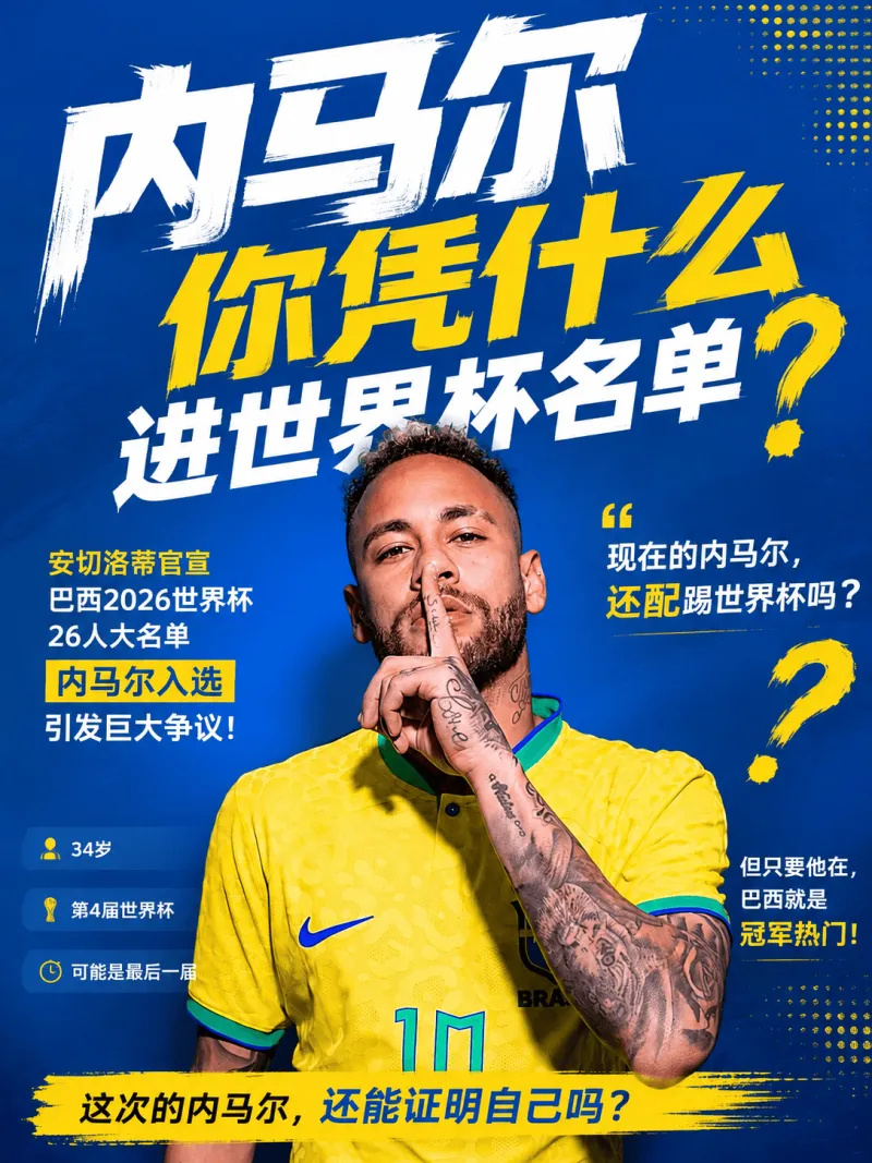 “现在的内马尔，还配踢世界杯吗？”  说实话， 今天巴西26人大名单出...