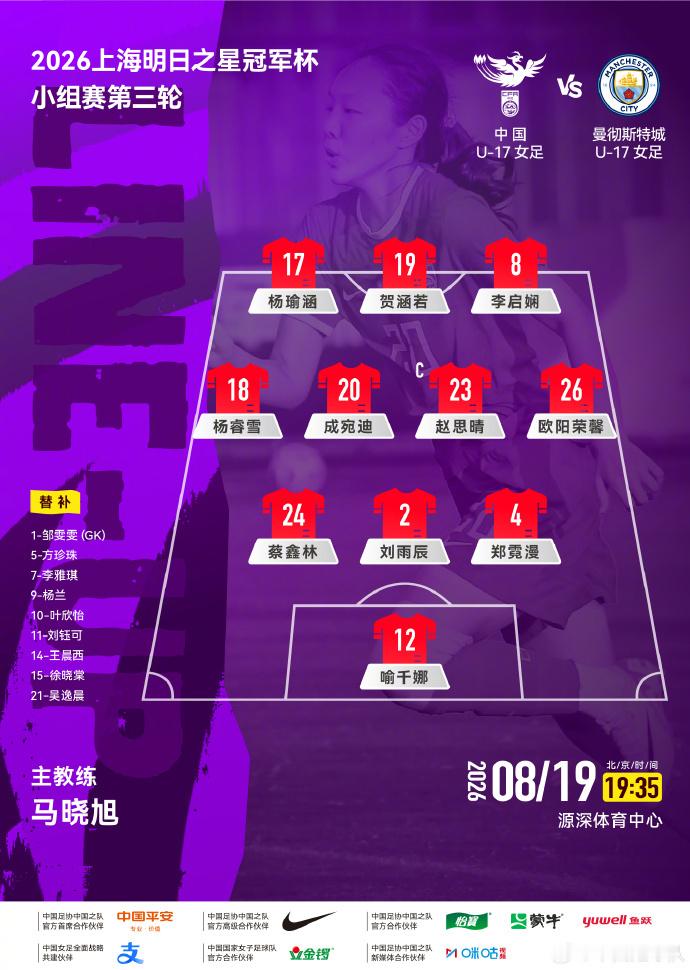 U17中国女足对阵曼城女足U17。上半场，贺涵若破门。下半场，李启娴...