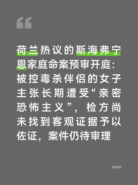 据荷兰本地媒体8月26日预审庭审公开信息，海牙下属斯海弗宁恩发生的家庭致死案件正式进入司法程序。
	
34岁女性Maxime A被指控蓄意谋杀44岁的伴侣，这起案件在荷兰社会引发很大讨论，焦点集中在辩方提出的“亲密恐怖主义”抗辩理由之上。
	
根据检方指控，嫌疑人在2025年11月至次年4月长达数月时间，多次把芬太尼、GHB、羟考酮等多种管制药物混入伴侣的饮用水与橙汁当中。
	
2026年4月28日，该男子在家中身亡。家
	
庭医生拒绝开具自然死亡证明，案件疑点浮出水面。
	
5月28日这名女子被警方逮捕，一直处于审前羁押；其母亲因为涉案药物来源问题，后续也会作为同案被告人出庭受审。
	
庭审当中辩方提出核心辩护：嫌疑人长期活在亲密恐怖主义之下。
	
“亲密恐怖主义”指伴侣利用监控、跟踪、精神恐吓、全方位行为管控，对另一方实施系统性心理压迫。
	
辩护律师陈述，受害者在家安装十余台监控摄像头，监控通讯记录，甚至在孩子推车上安装GPS定位，全方位限制她的生活。
	
嫌疑人2025年5...