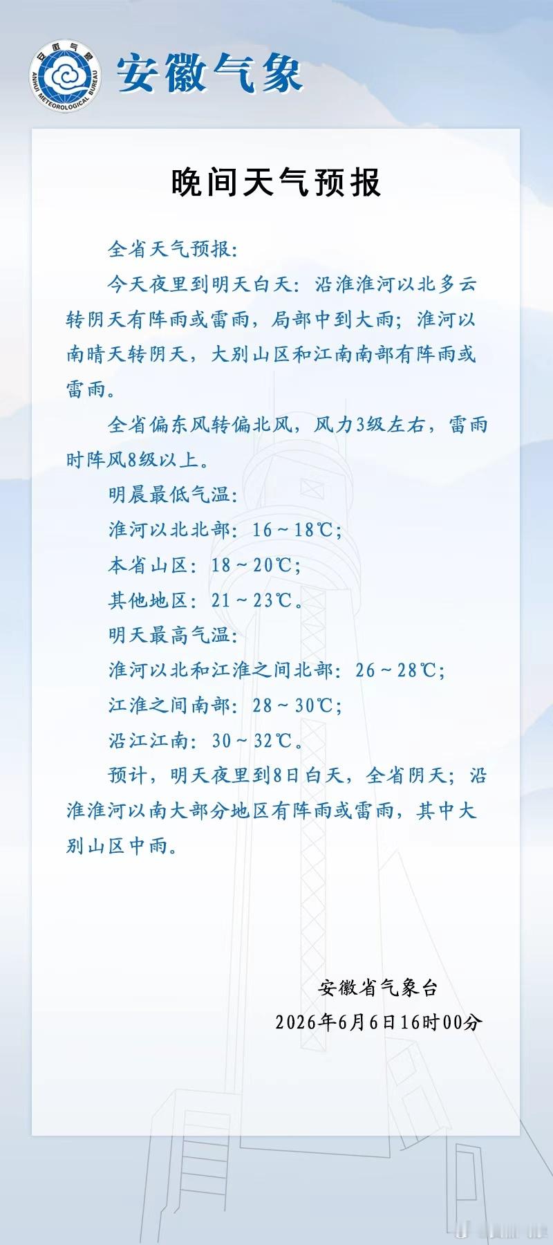 【晚间预报】安徽省气象台2026年6月6日16时发布全省天气预报： 今...