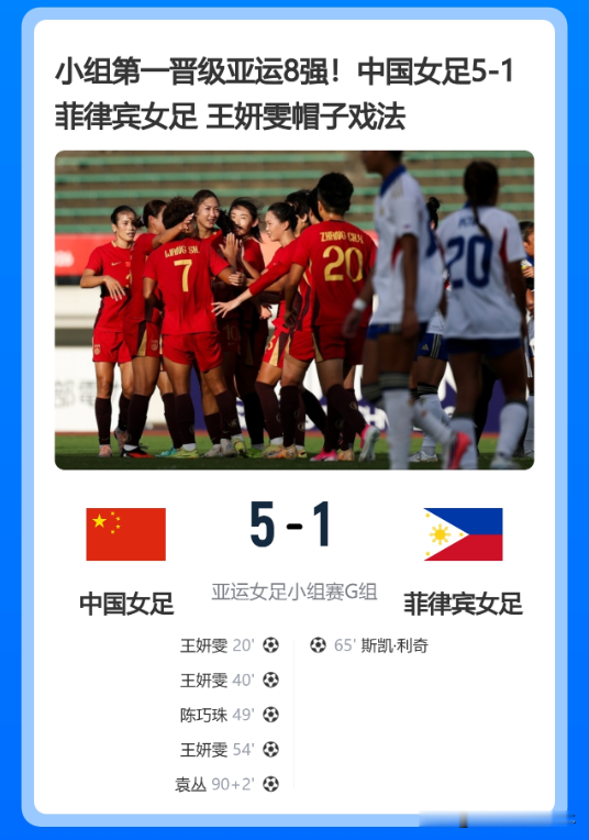 5‑1 大胜！王妍雯帽子戏法！名古屋亚运会女足小组赛头名出线