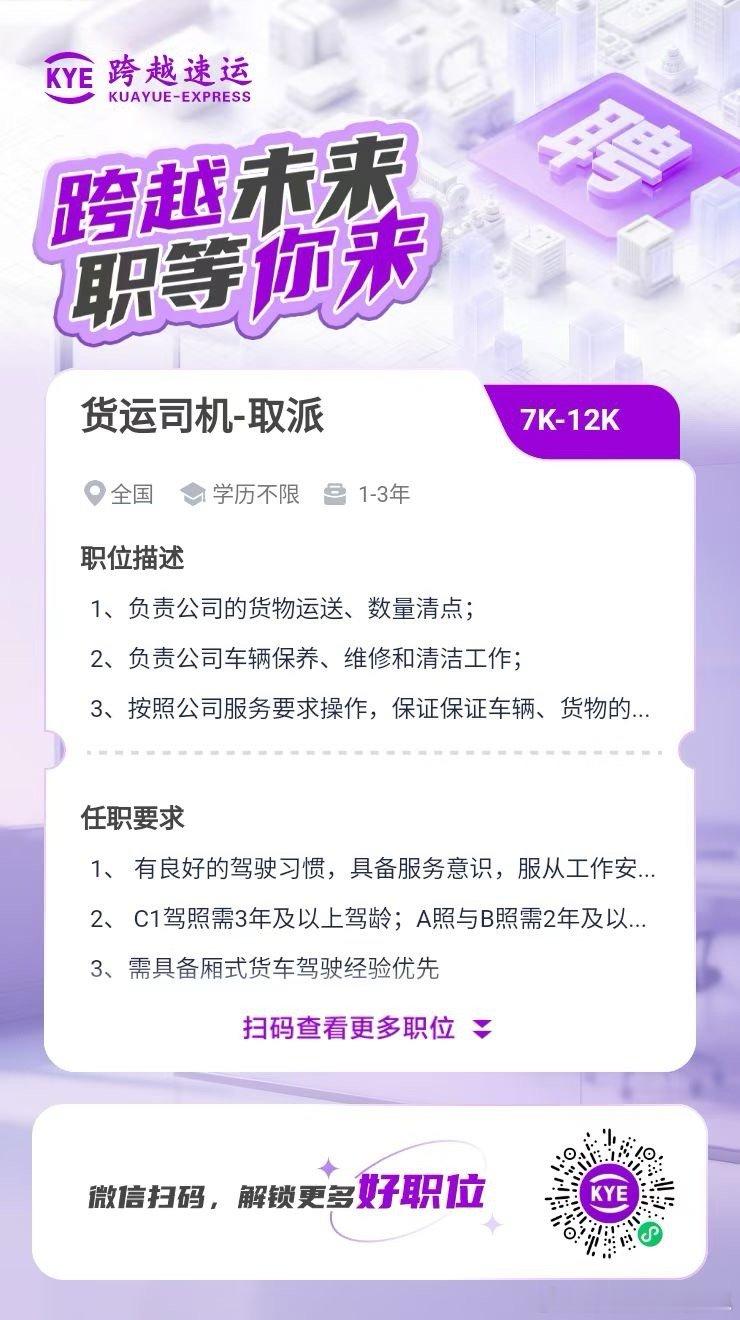 朋友们注意啦！
姐妹们！帮家里那位/兄弟/朋友看过来👀
跨越速运直招货车司机，各区域站点就近安排，不用背井离乡！
 
⚠️ 官方直招！不收任何费用！遇到收费的都是骗子，千万别信！#职场[超话]##司机[超话]##货车司机##快递[超话]#  ​