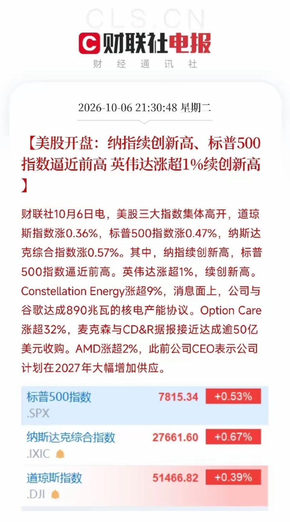 晚上九点半，美股开盘，直接跟大家说重点。
今晚最核心的看点，并不是纳指再创历史新高，而是 AMD 苏姿丰释放的产业信号。
公司计划二零二七年大幅加码芯片供应，存储芯片供应紧张，未来数年需求维持高位。
消息一出，AMD 大涨超两个点，直接把整个半导体板块情绪带起来。
今晚盘面，说白了就是两条主 ​