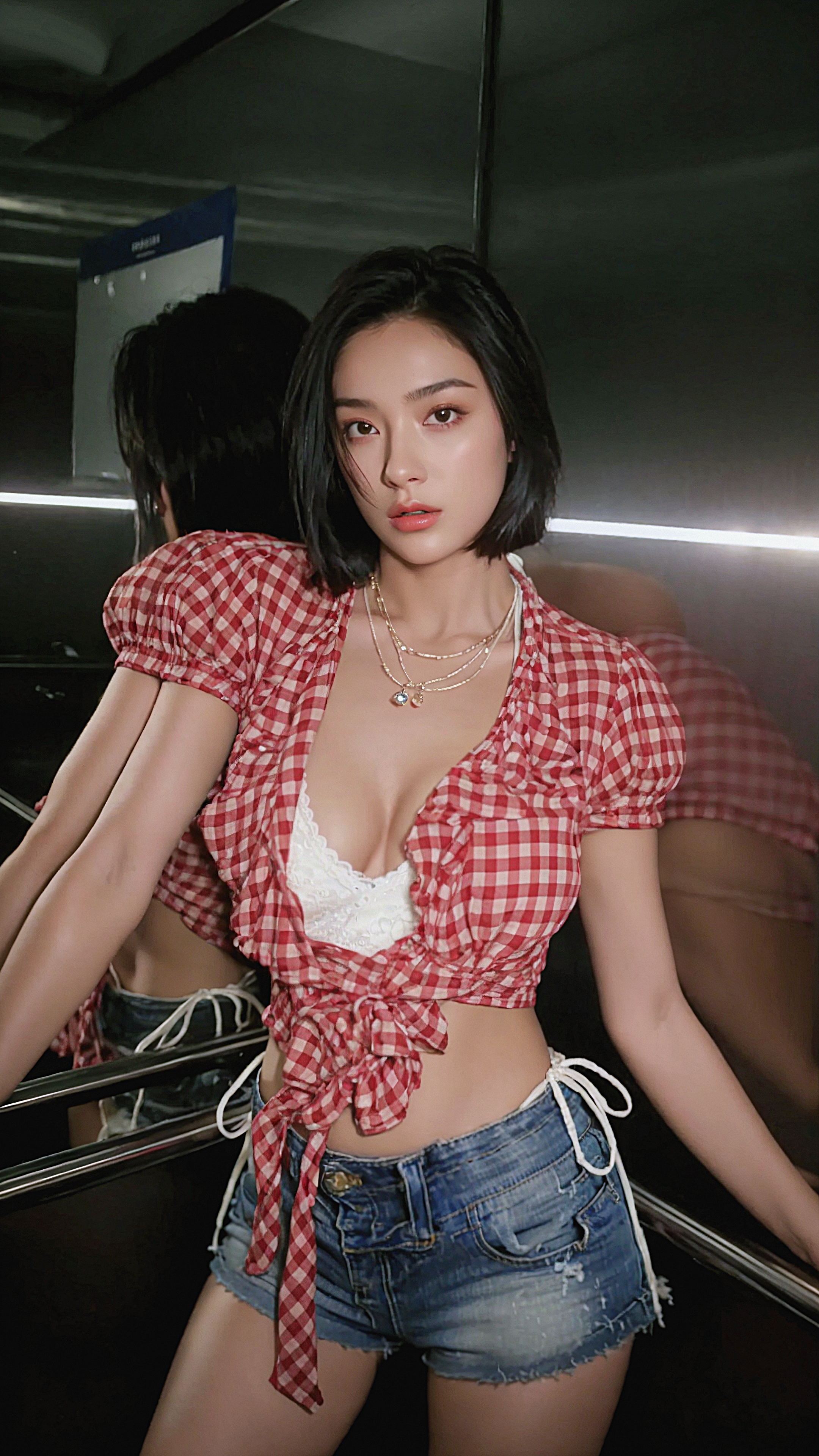 （4k_可放大[飞吻]）夏日辣妹天花板！红格短上衣 + 牛仔热裤，水弹...