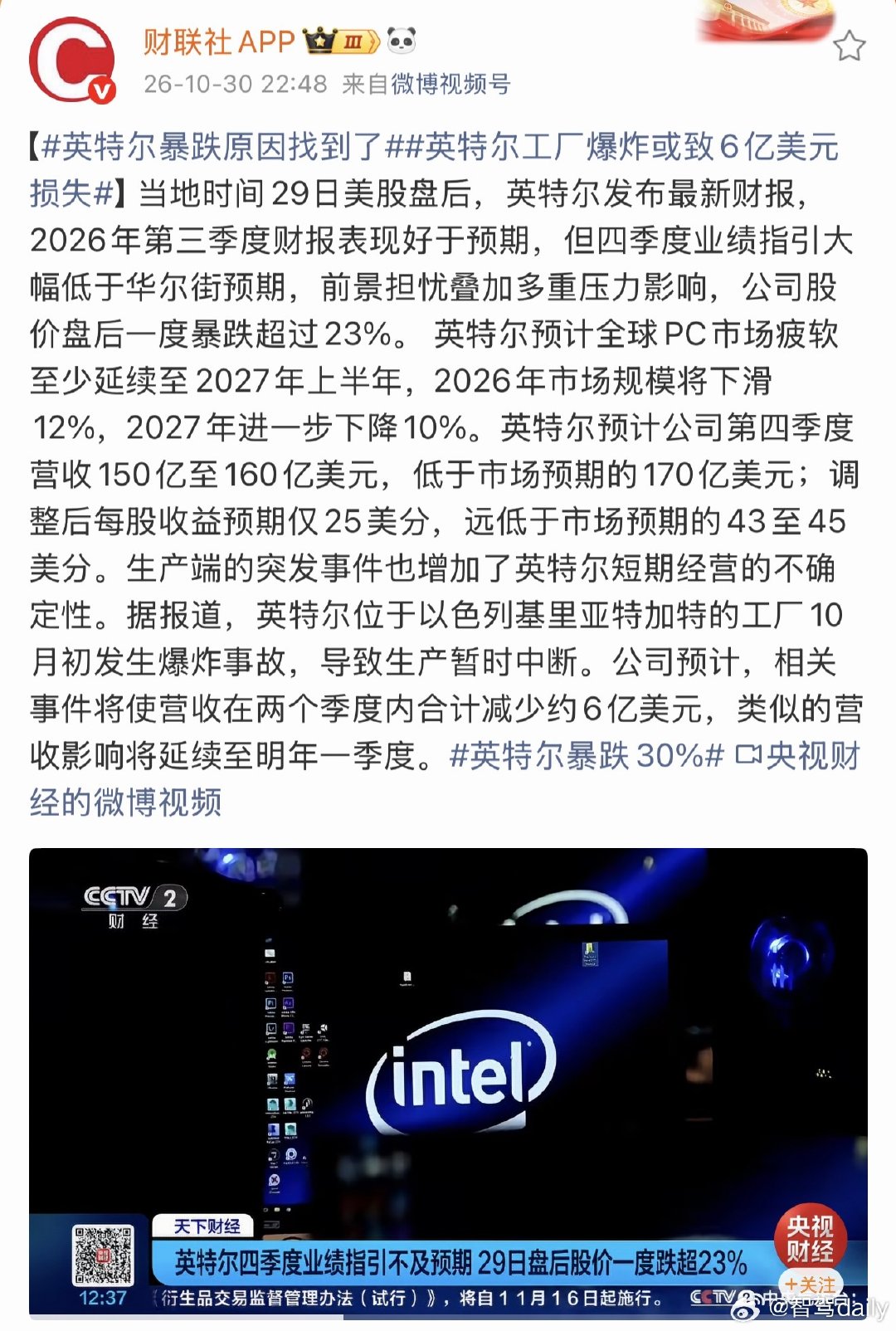 #英特尔#英特尔…违约…-30%这开盘真刺激。 ​