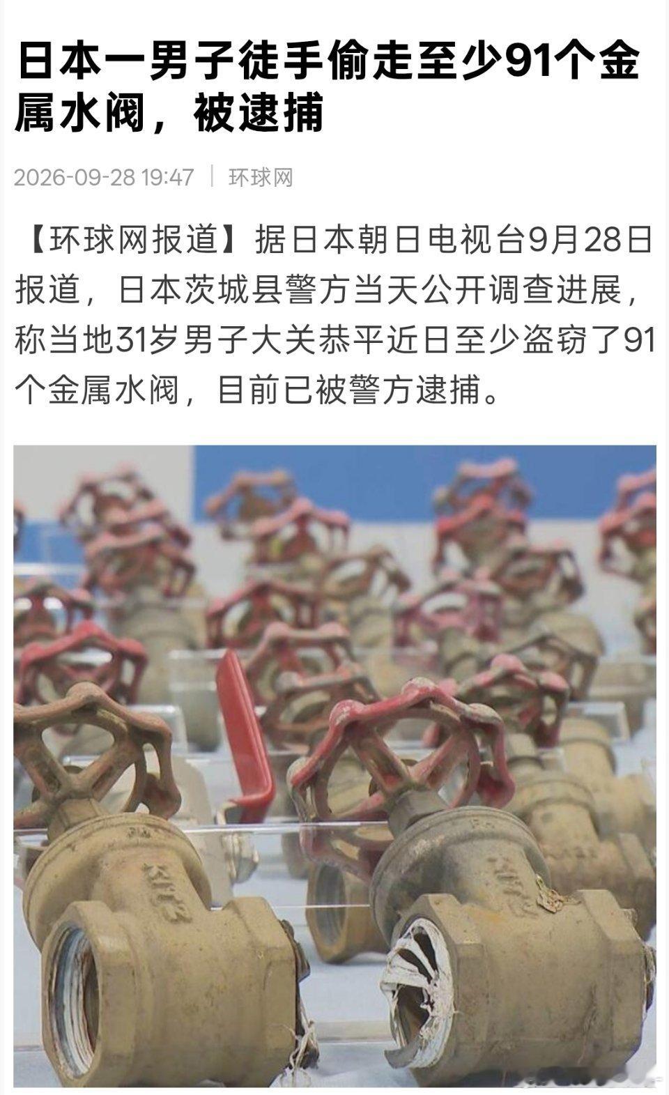 日本31岁男子，为了赚生活费，徒手拆走水田里面91个灌溉黄铜阀门拿去变卖。
#海外新鲜事# ​