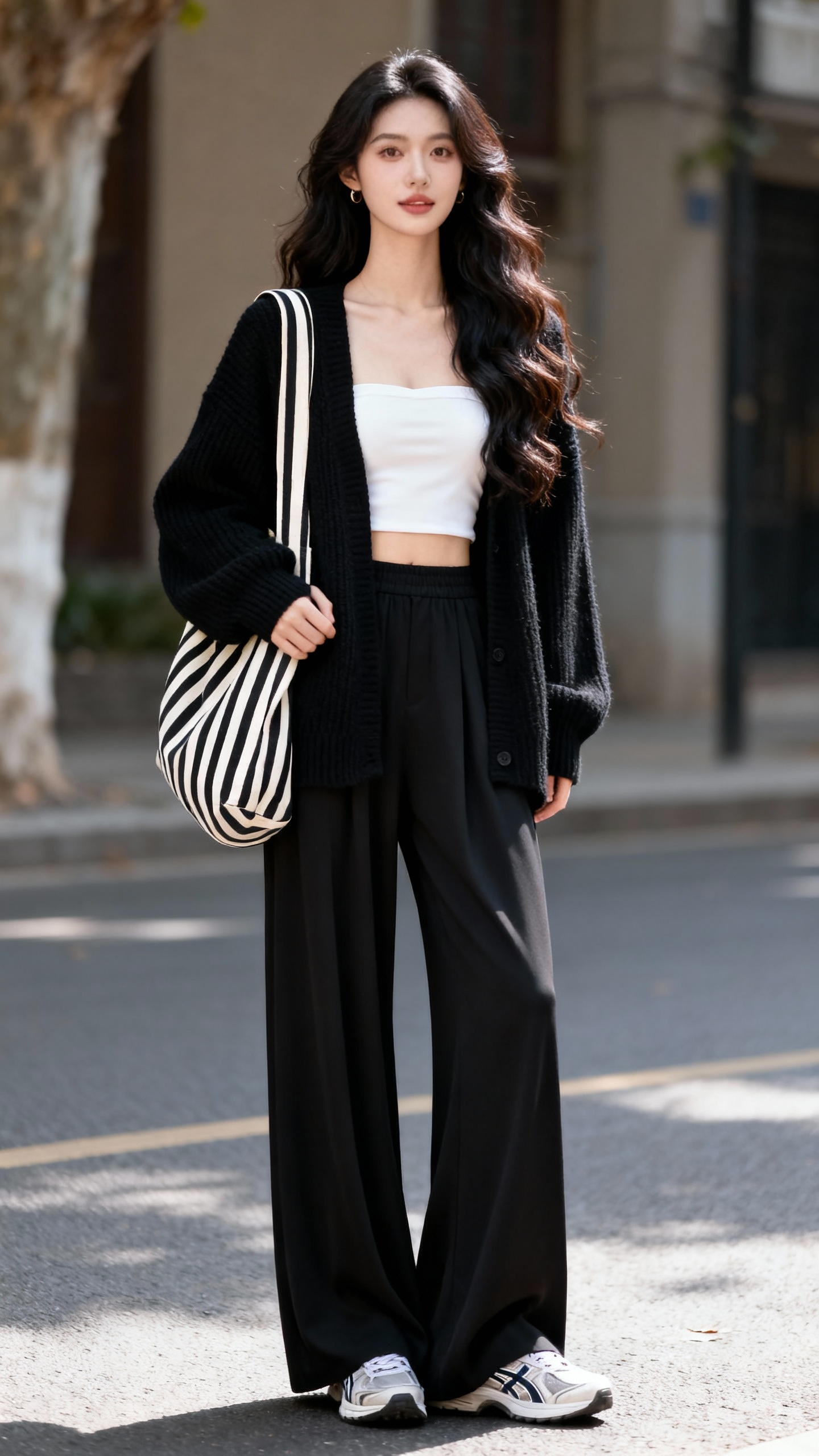 她内搭白色短款抹胸，外搭黑色宽松针织开衫，下装搭配黑色阔腿裤，脚踩灰色...