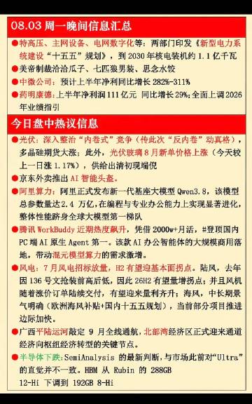 8.03周一  晚间：财经热点信息参考！<br />1.特高压，电网设...
