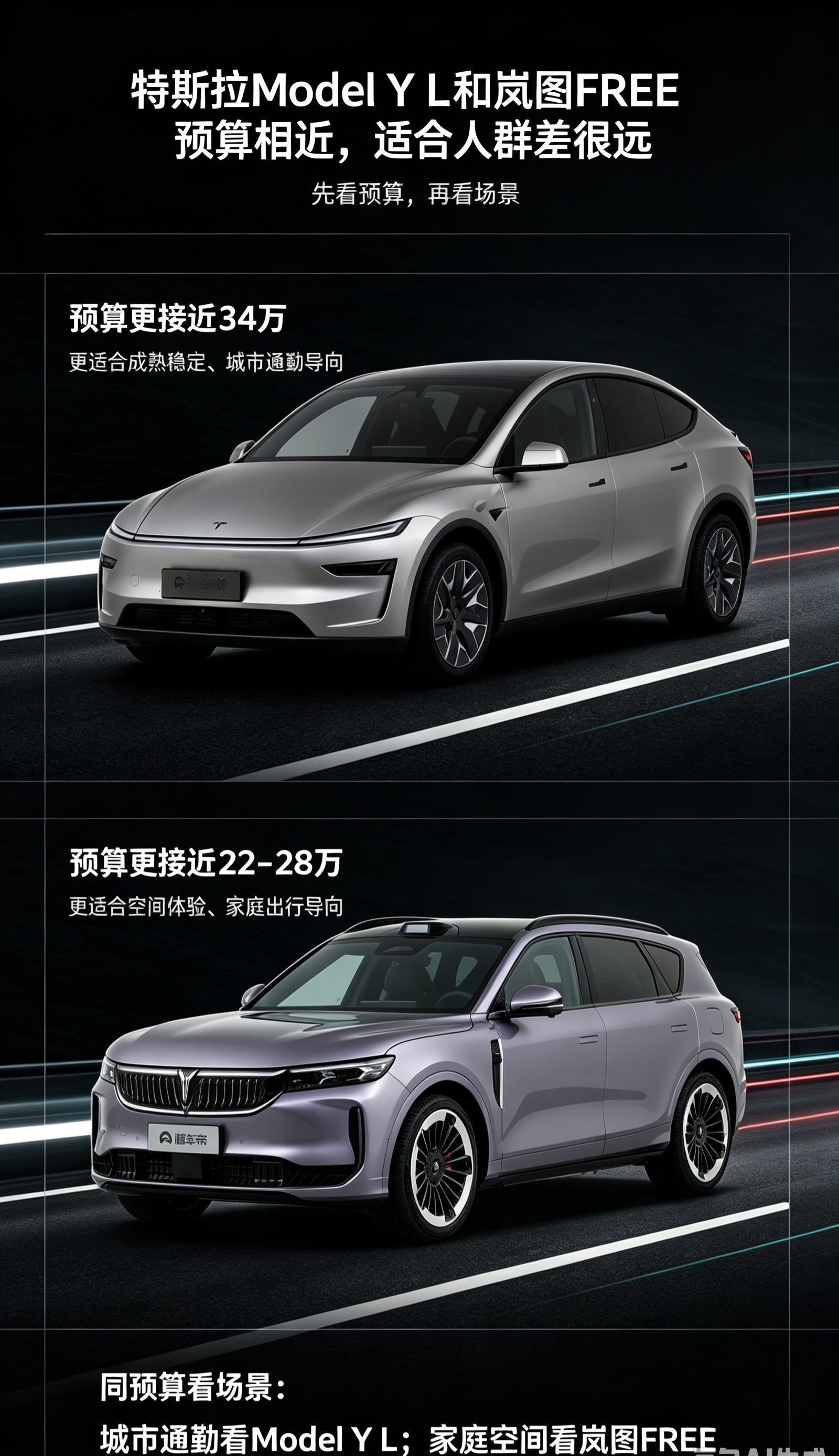 特斯拉Model Y L vs 岚图FREE
预算相近的两台车型，购车的侧重点却有着明显区别。
特斯拉Model Y L，整车调校偏向成熟稳定，更适合日常城市通勤，追求省心可靠用车体验的群体。
岚图FREE，更看重座舱空间与家用出行属性，适配多人出行，注重乘坐舒适感的家庭用户。
没有绝对的优劣之分，