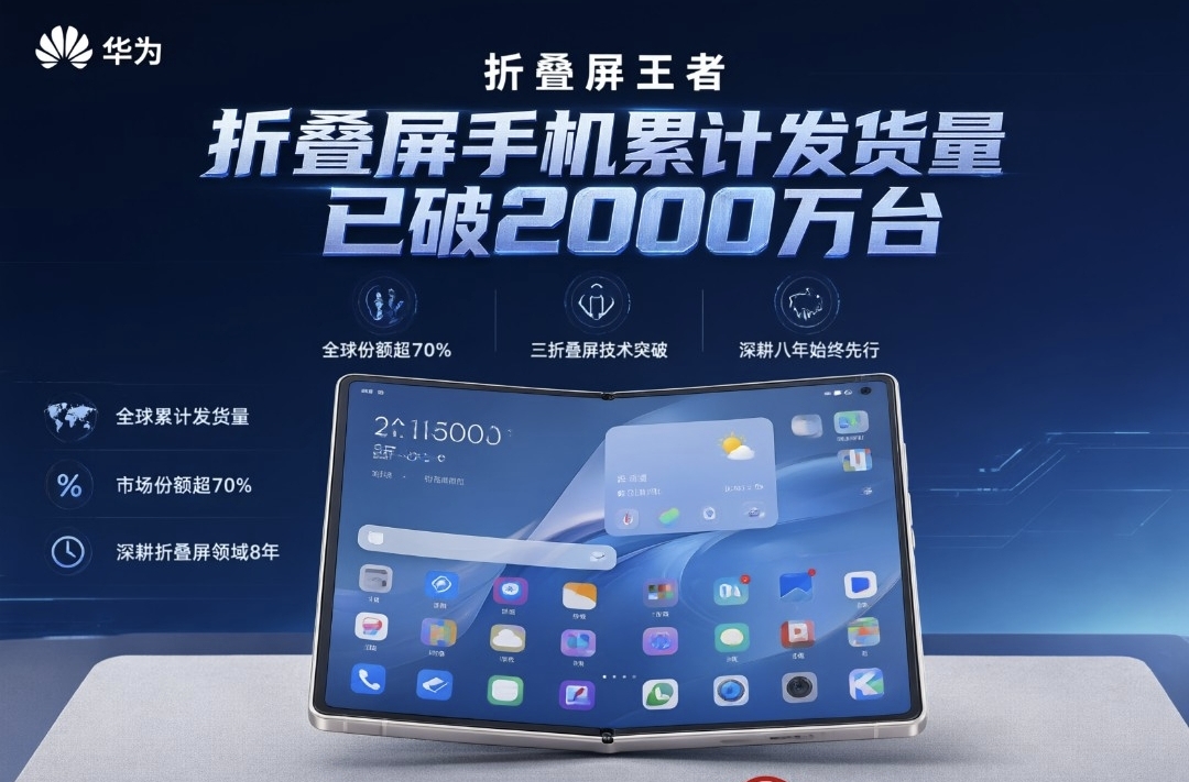 （中午快讯）华为折叠屏再封神！2000万台出货量+70%市占率，三折叠破百万领跑全球

在折叠屏手机赛道，华为再次用实力书写行业标杆。10月12日上海练秋湖的终端创新技术沟通会上，一组里程碑数据震撼全场：截至上周，华为折叠屏手机全球累计发货量突破2000万台，2026年上半年国内市场份额超70%，更