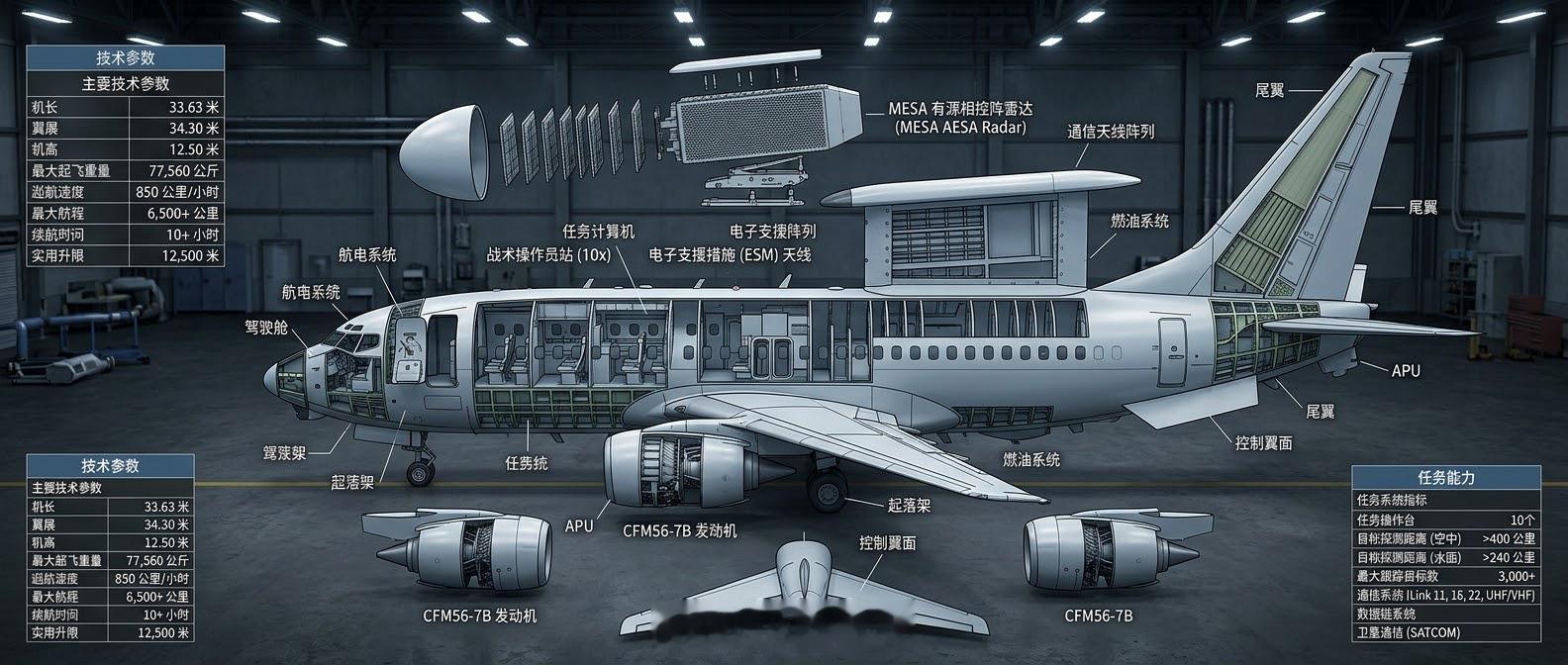 400公里外看清一切：E-7T“和平鹰”如何成为土耳其的“空中天眼”
在土耳其的防空体系中，有一双“眼睛”飞在万米高空——E-7T“和平鹰” （Peace Eagle）空中预警机。

先看硬参数：基于波音737-700客机平台改装。机长约33.6米，翼展约35.9米。搭载诺斯罗普·格鲁曼MESA多功能电子扫描阵列雷达。360°全 ​