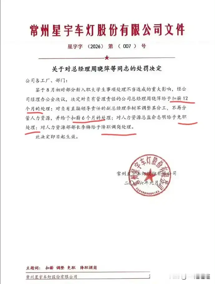 星宇车灯这回是真的动真格了，处罚通告一出来，不少人盯着那几个高管的职级变动看，觉得够狠。

总经理扣一年工资，人力总监直接免职，这一刀切下去，确实让不少看热闹的人闭了嘴。

我觉得吧，这事儿表面上看是给舆论一个交代，是给那几个犯错的领导上眼药。

但说到底，处罚这几个具体的人，也就是给公司内部“排排