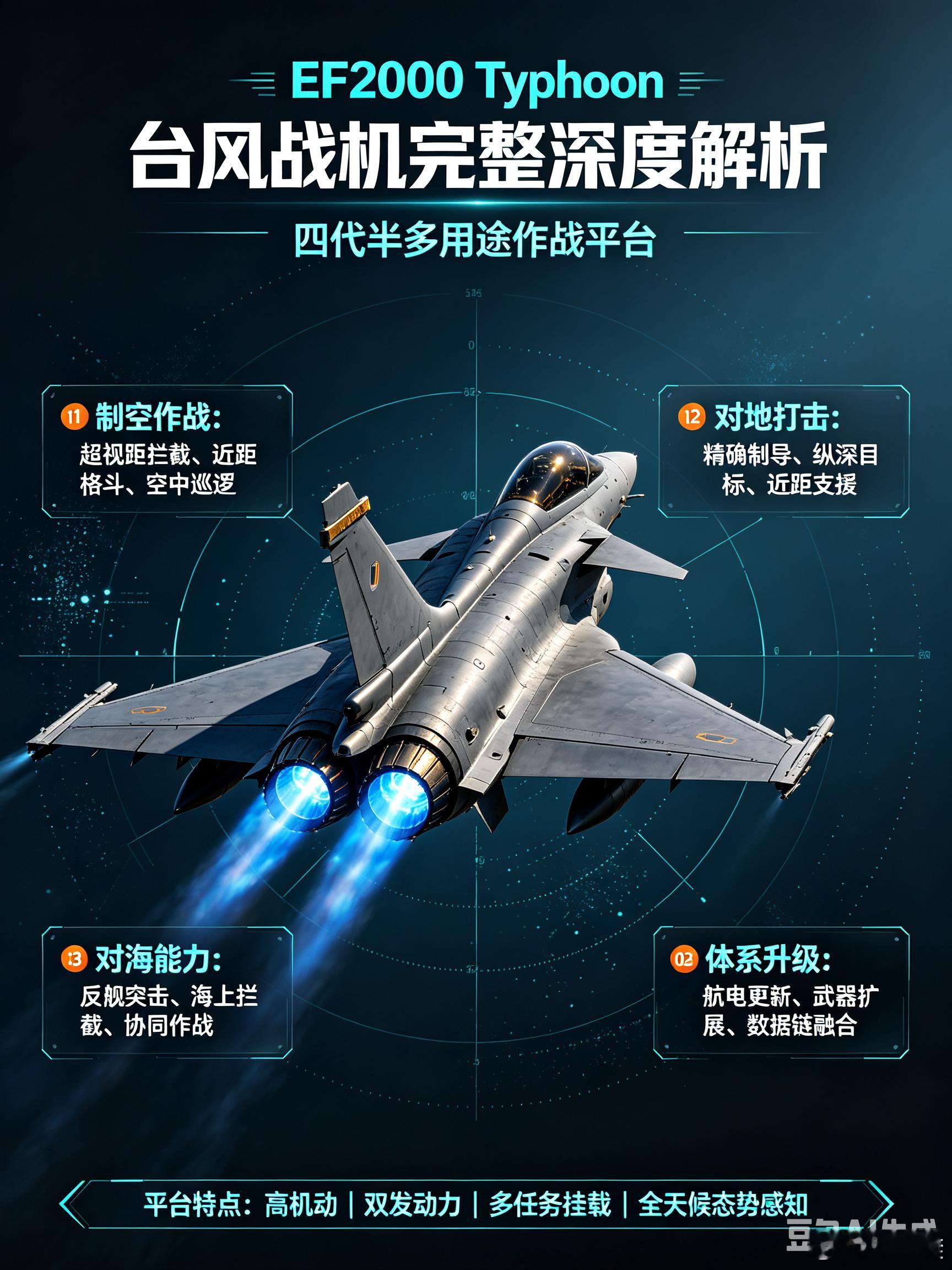 #军事ai新视野# 英国台风 EF2000 Typhoon 四代半多用途战机#ai热力追踪# 
 
一、项目概况
 
EF2000“台风”由英、德、意、西班牙四国联合组建的欧洲战斗机公司（Eurofighter GmbH）研发，属于双发、远距耦合鸭式无尾三角翼布局四代半多用途战斗机，核心定位优先制空拦截，兼顾多用途对地/对海打击 。
  ​