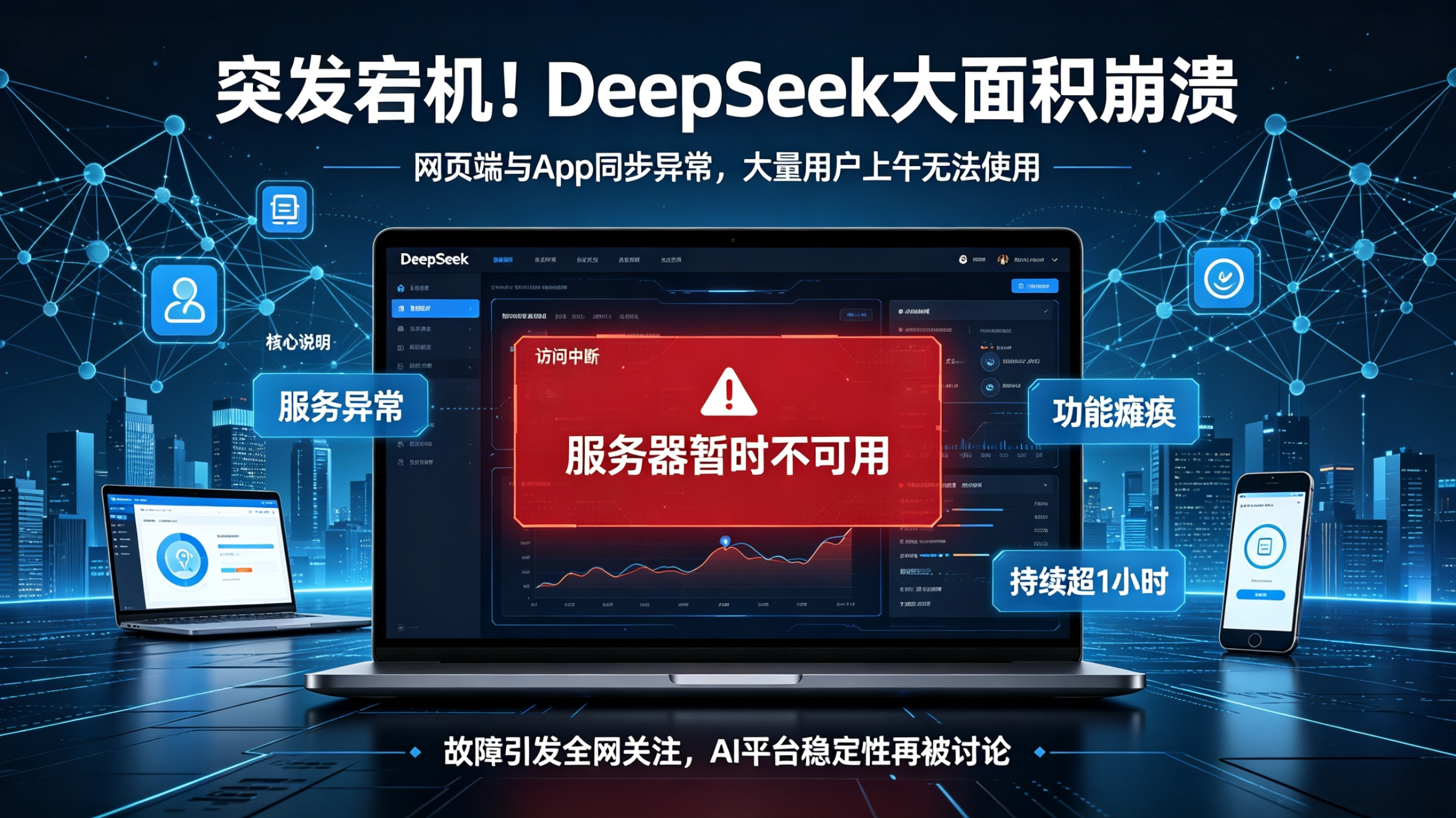 突发宕机！DeepSeek大面积崩溃，超一小时无法正常使用