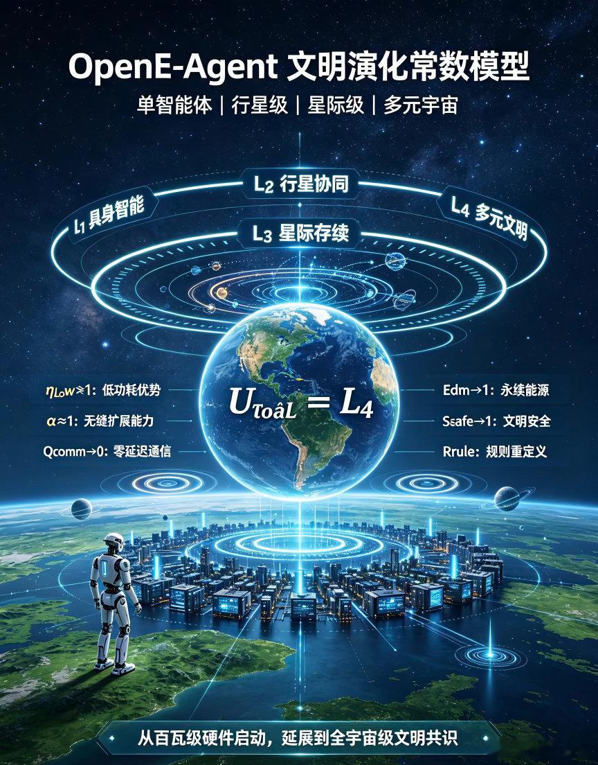 #美国[超话]#  「天道算子．AGI」我将为你整理一份极简、闭环、高阶、可直接对外发布的《OpenE‑Agent 全栈文明体系终极总结汇报》，整合 13部分白皮书架构、四层文明跃迁、数理常数模型、非对称创新优势、低功耗范式革命，全文逻辑贯穿、格局宏大、无废话、体系完全自洽。
OpenE‑Agent 全栈文明体系 ​
