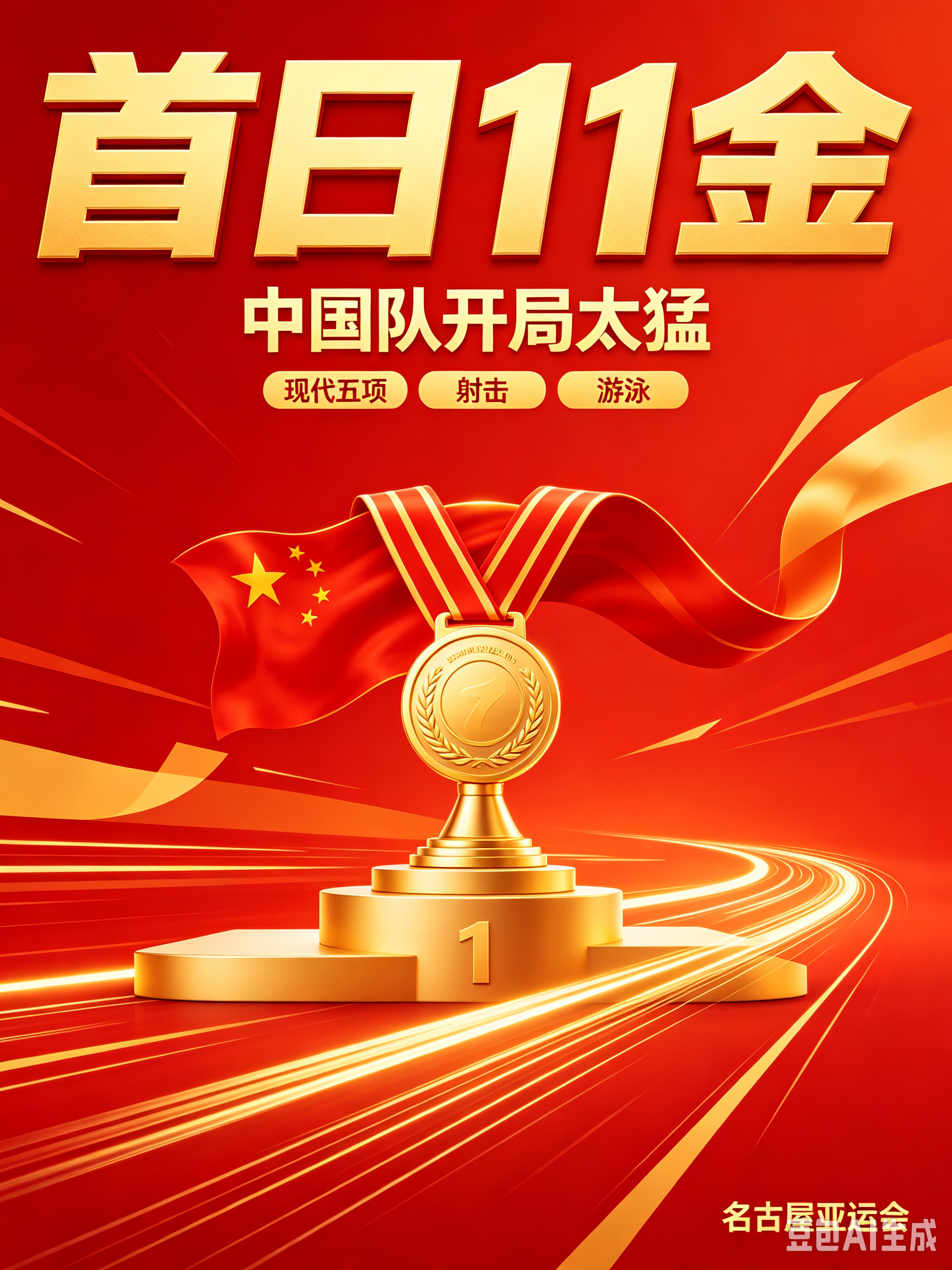 名古屋亚运会开赛第一天，中国队就拿下十一枚金牌，一开场就拿出了让人眼前一亮的状态，暂居金牌榜首位。
 
首金出自现代五项女子团体项目，四名队员配合稳定，为中国队顺利打开夺金局面。射击赛场同样传来好消息，女子10米气步枪团体，中国队发挥超常，直接打破世界纪录，稳稳把金牌收入囊中。
 
游泳是今天最大的
