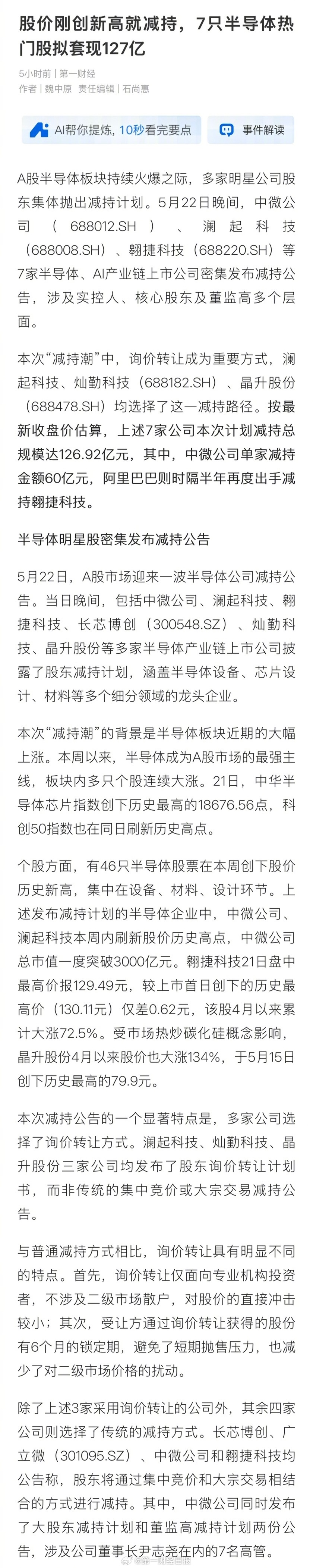 【 本次“减持潮”中，询价转让成为重要方式，澜起科技、灿勤科技（688...