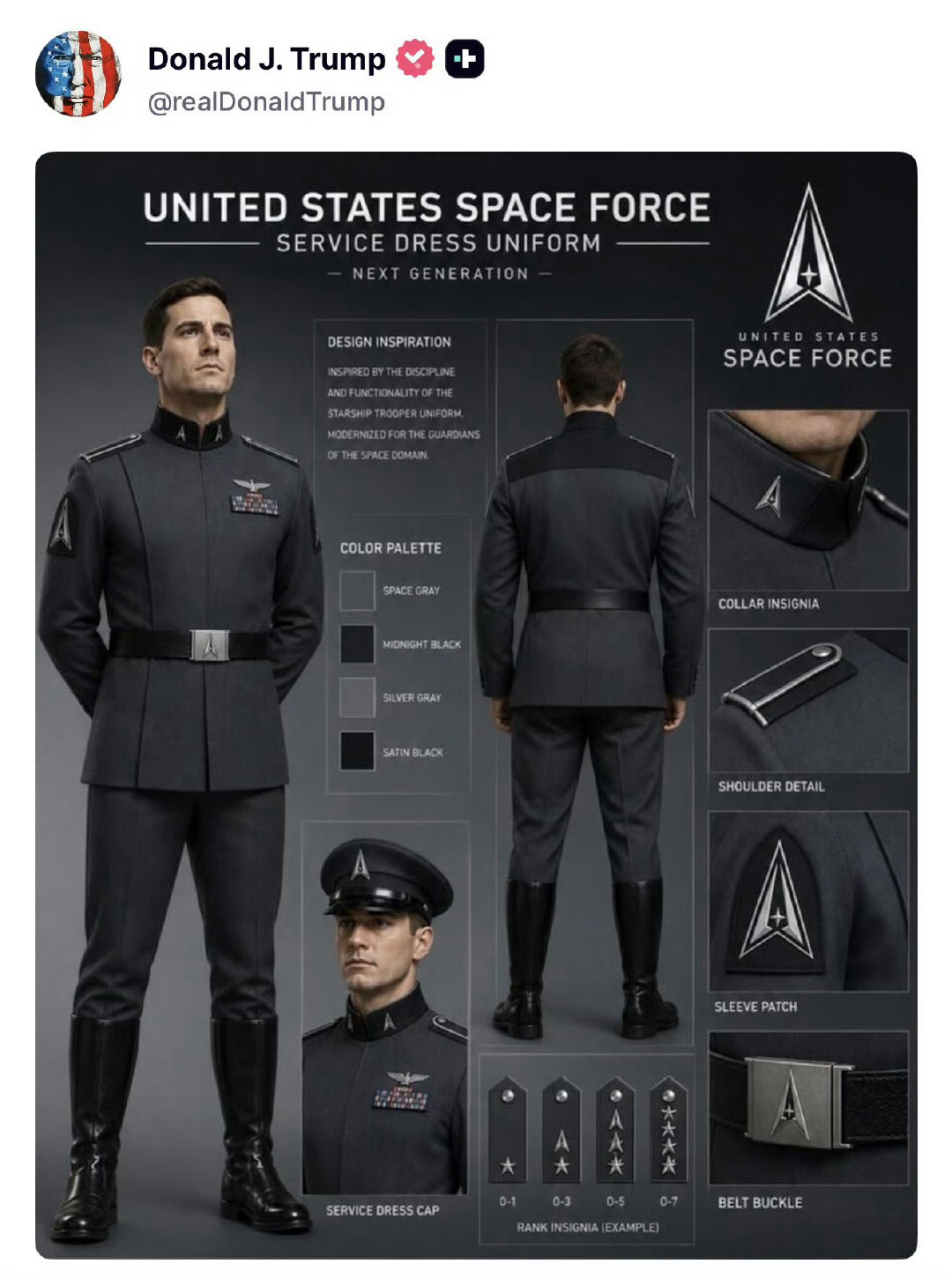 川普公开的Space Force下一代制服，他是认真的吗？[费解]
#海外新鲜事# #特朗普发图称月球是美国的# ​