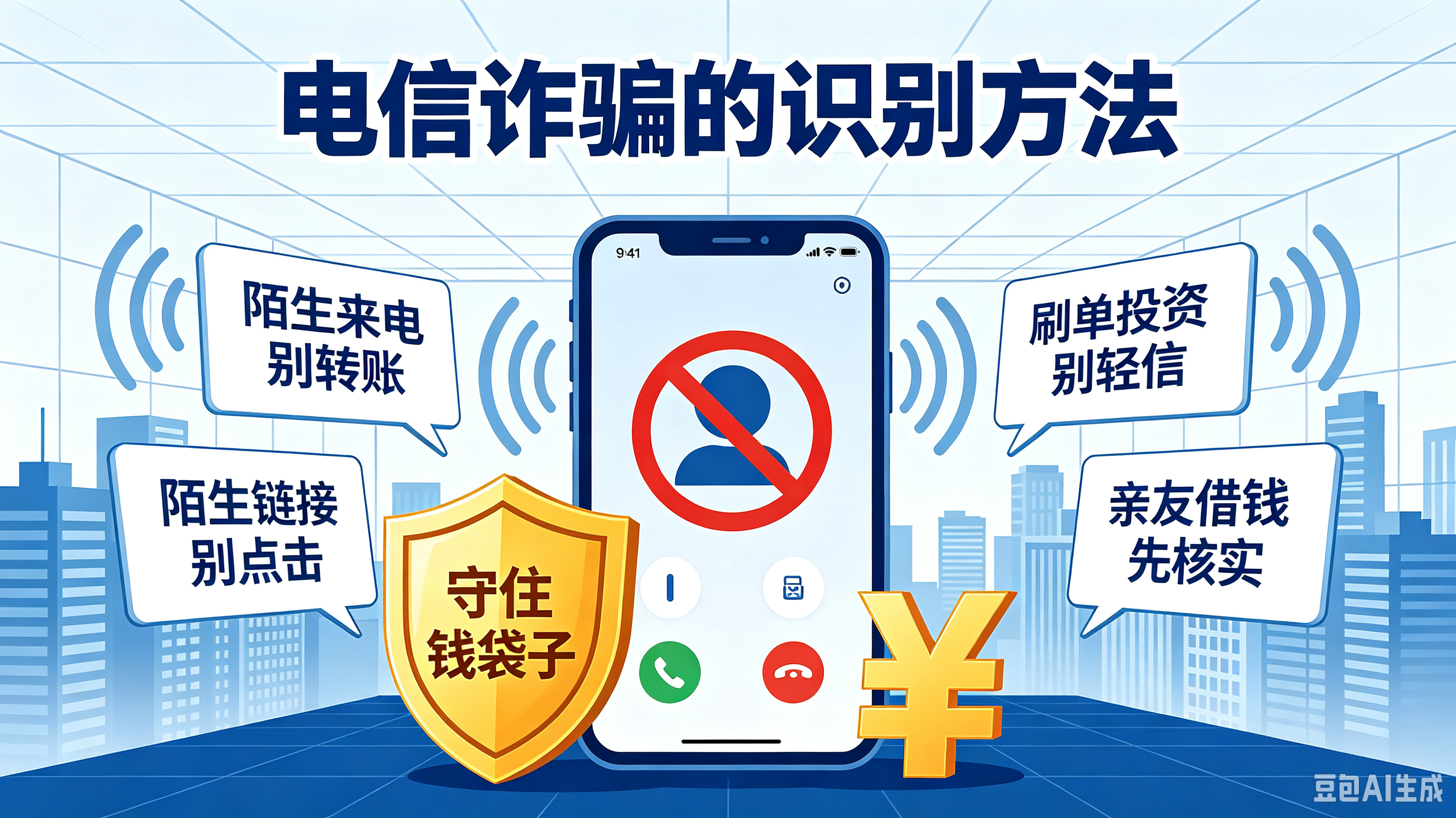 电信诈骗套路层出不穷，记住下面几点，就能快速识别骗局，守住钱袋子。
1、凡是来电自称公检法、银行、客服，要求转账、索要银行卡密码、短信验证码的，一律是诈骗。公检法不会电话办案，不存在所谓“安全账户”。
2、不要点击陌生短信、微信发来的链接，不随意下载非官方APP。很多木马