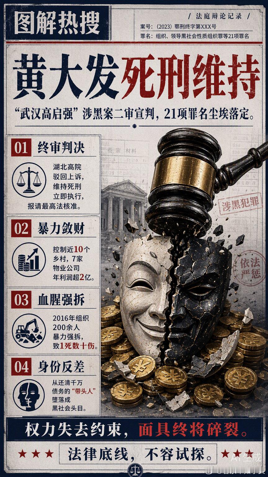 #黄大发被判死刑立即执行# 现实版狂飙落幕，黄大发二审维持原判，死刑立即执行。欺压百姓、作恶多端，终究逃不过法律的制裁，守护百姓安宁，扫黑除恶一直在路上。 ​