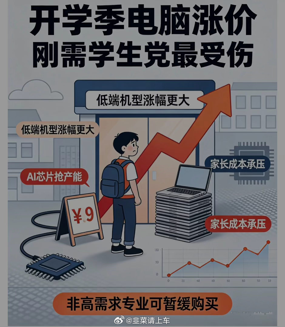 #电脑低端机型从3000涨到6000元##开学季电脑集体涨价#【#帮主观察#：开学季电脑涨价，最受伤的是刚需学生党】

老铁们，这波电脑涨价挑的时机够损的——专挑开学季，学生要买电脑的时候。惠普、联想、华硕全在9月1日提价，惠普更狠，8月28日先涨15%，9月再涨一轮，累计20%起步。最扎心的是，越便宜的低 ​