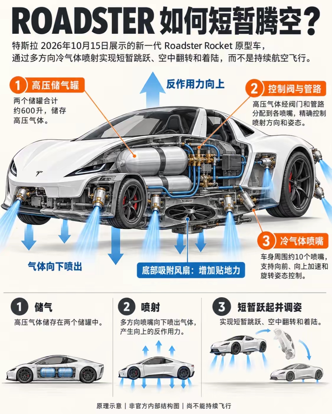 特斯拉Roadster，网上连“怎么蹦跶”的图纸都给抖搂出来了。说啥“冷气体喷射”，底下装了俩大罐子，带十个喷嘴，跟火箭似的，“呲”一下能蹦起来，空中还能翻个跟头！不过大伙别慌，人家也说了，这不是真飞，就是短暂“跳高”，落下来还得靠四个轮子跑。