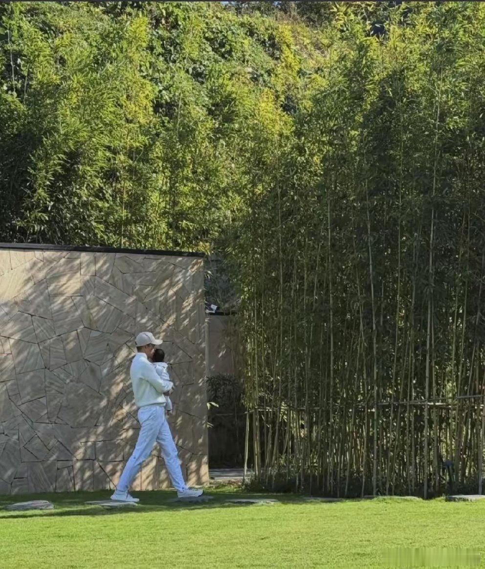汪小菲抱小儿子散步，穿白色衣服气质儒雅，身材高挑，目测180CM ​