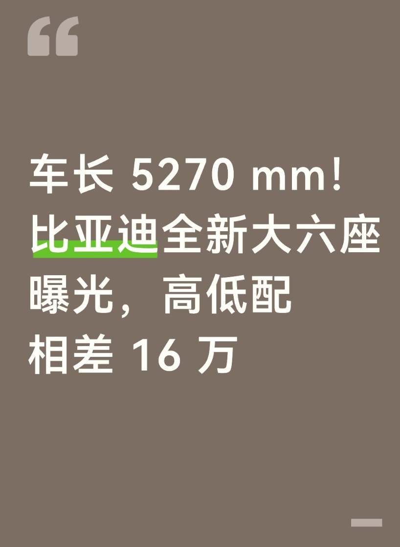 车长 5270 mm！比亚迪全新大六座曝光，高低配相差 16 万