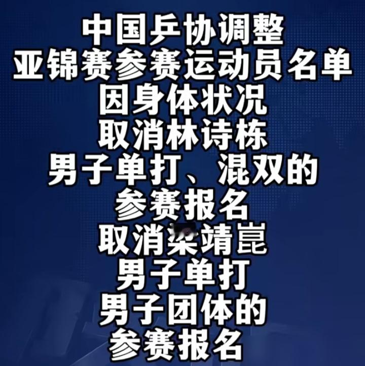 梁靖崑直接全退，林诗栋砍掉一半项目，国乒这波操作太反常了。
10月10日一纸公告，林诗栋原本身兼四项，男单混双全给拿掉了，只留男团和男双。梁靖崑更狠，男单男团一个不剩，直接无缘亚锦赛。
官方说法是医疗团队评估，伤病扛不住密集赛程。可男单递补的是周启豪、李天阳，这名单一出来，外行都看出不对劲了。