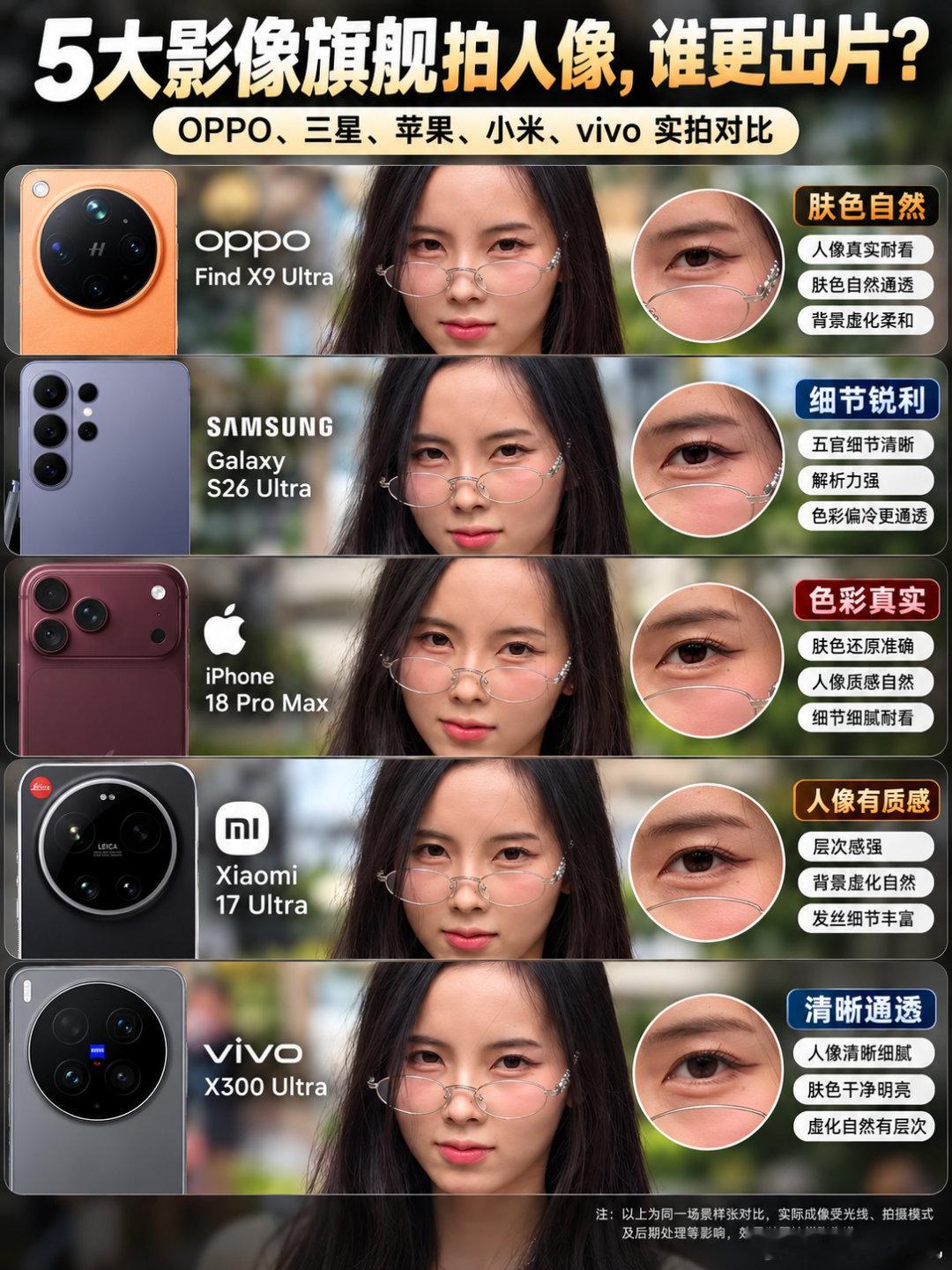 手机人像摄影哪家强？OPPO、三星、苹果、小米、vivo实拍对比。

同样的模特、相似的场景，换一台手机，拍出来的人像竟然各有各的味道！

OPPO Find X9 Ultra：主打肤色自然，人物真实耐看，背景虚化也比较柔和，适合喜欢自然风格的人。

三星 Galaxy S26 Ultra：细节解析力突出，五官轮廓清晰，整体画 ​