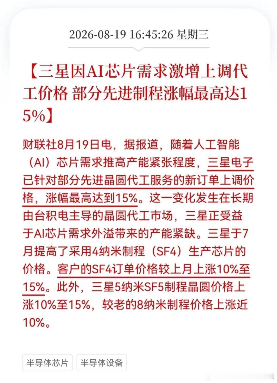 大跌之后突逢重磅！三星代工最高涨价15%，半导体是洗盘还是继续承压
 
财联社消息，三星针对新增订单上调先进代工报价，4nm、5nm最高涨幅15%，8nm同步上调近10%，存量老订单不受调价影响。
持续亏损多年的三星代工业务迎来转机，AI芯片爆发，先进制程产能供不应求，晶圆代工正在从抢客户的买方市场，转 ​