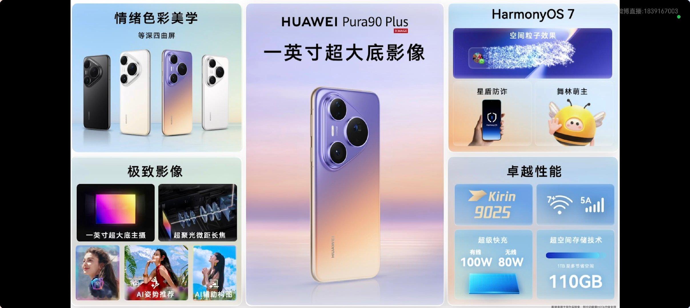 华为Pura90Plus价格公布，12＋256 5499元，12＋512 5999元，12＋1TB 6999元。搭载麒麟9025，6.8英寸等深四曲屏，1英寸主摄，4800万像素潜望长焦，5700mAh电池
#华为发布会# ​