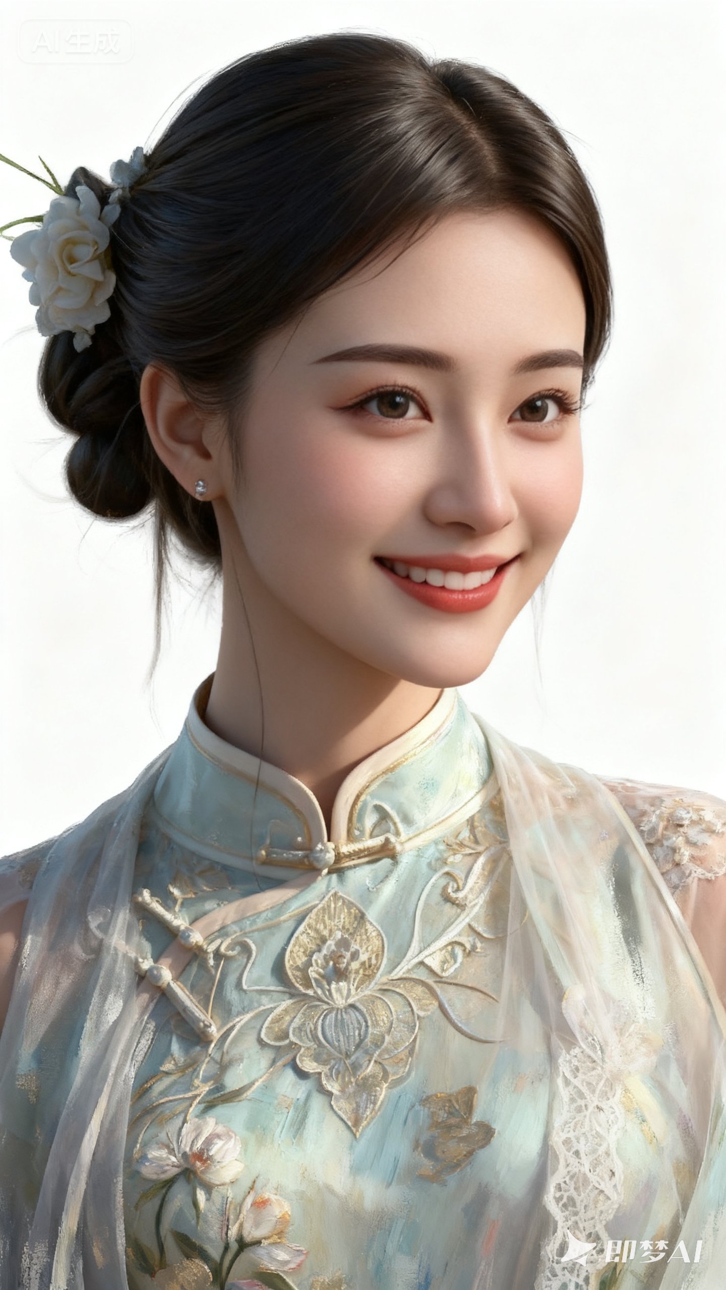 才貌双全的美女，精致五官缀着温柔浅笑，细腻光滑的肌肤搭配淡雅清新妆容...